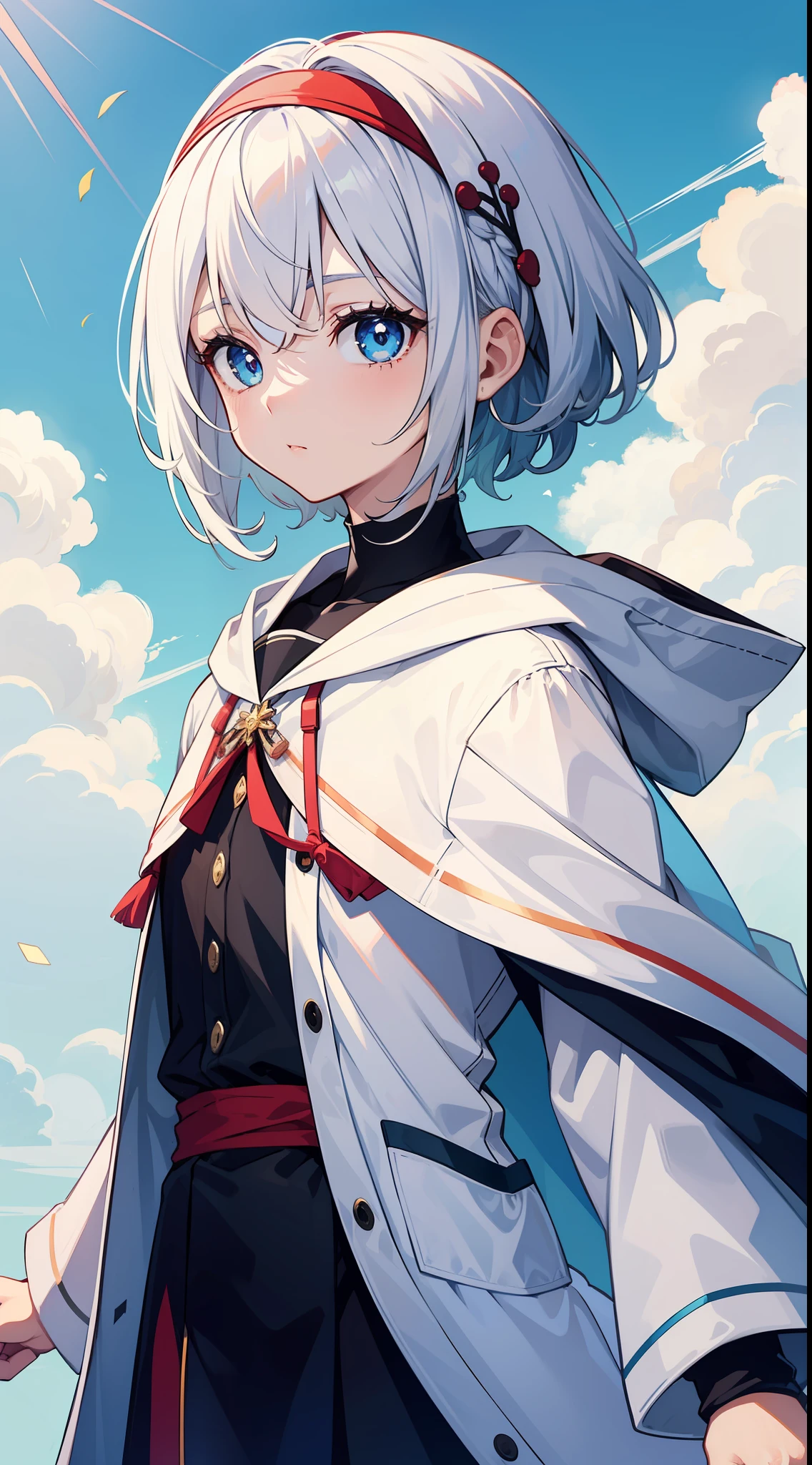 Anime characters with white hair and blue eyes, anime visual of a cute girl, Anime moe art style,Girl with short white hair, Shoujo white hair young anime girl, official character art,White hooded cape，White robe，teens girl，Gray hair sky blue gradient，red hairband，Heterochromic pupils，tilts your head，face expressionless,underage，flatchest，apathy，Short ponytail hair