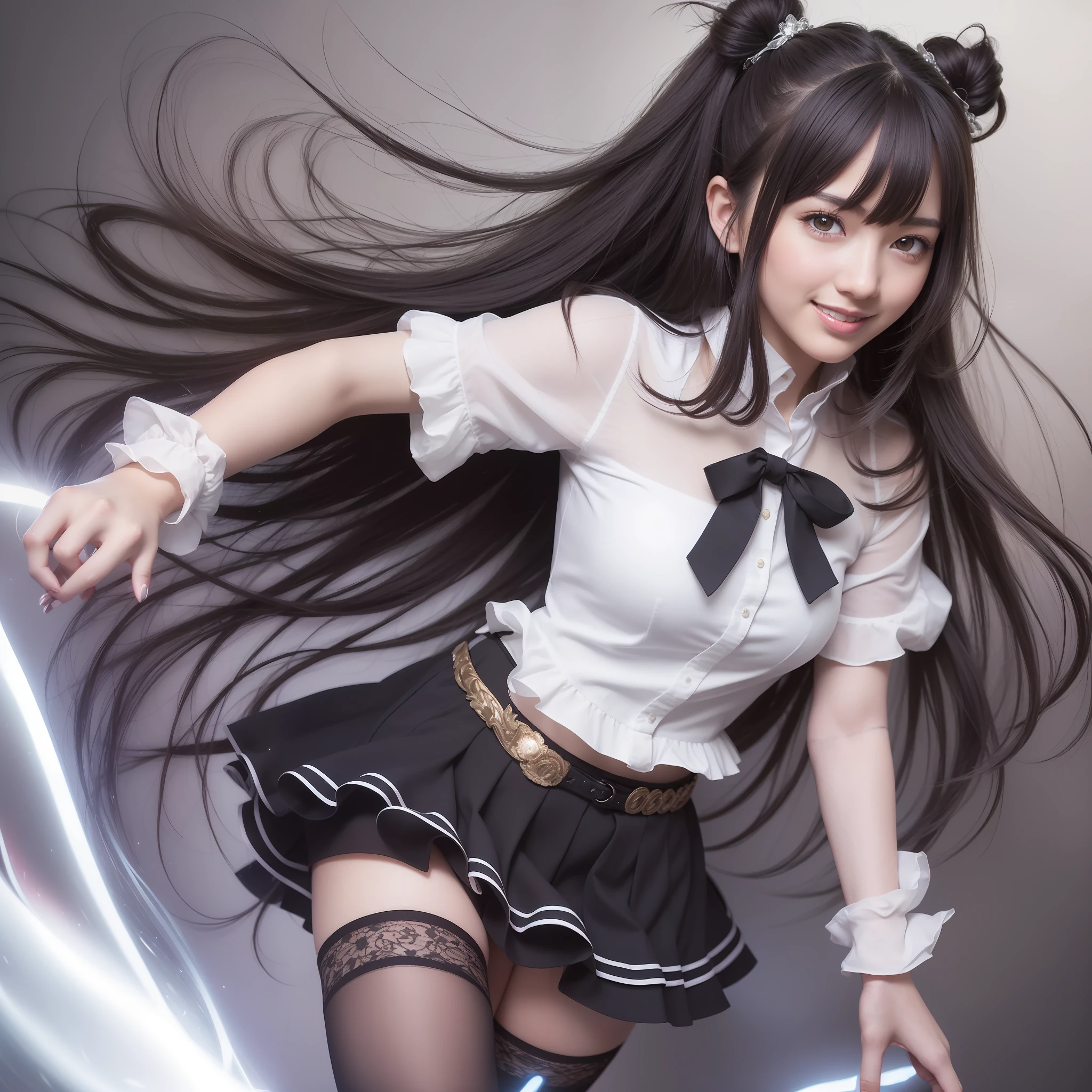 ((masterpiece, best_quality)), 1girl, (photorealistic:1.4),  solo, glow skin, smiling, white_background, black_hair, long_hair,   zettai_ryouiki, skirt, ((full_body)),