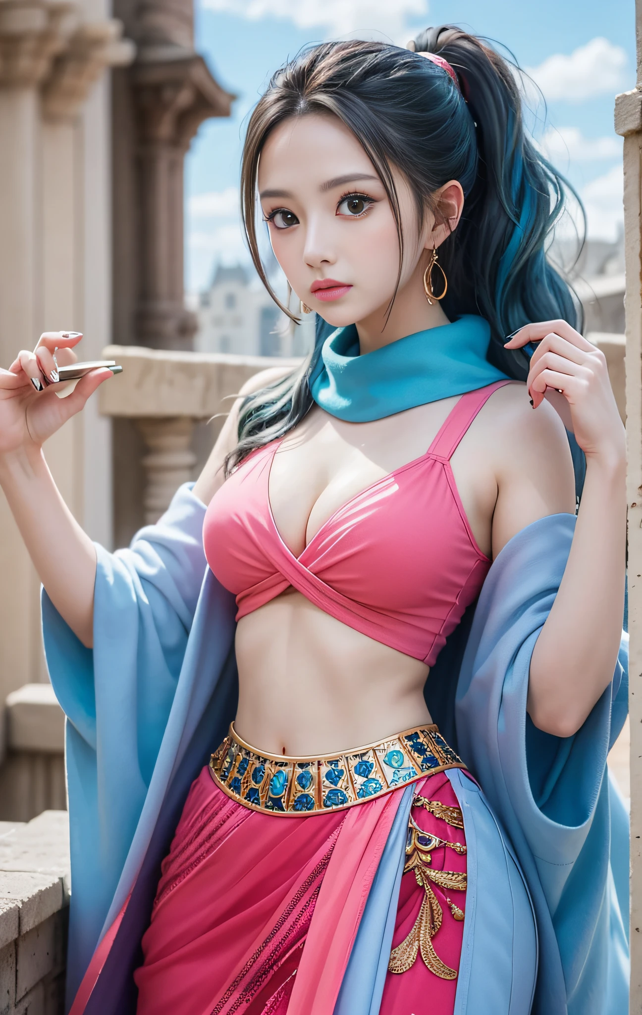 masutepiece, Best Quality,8K,highest grade, absurderes, Extremely detailed, nefertari vivi, 1 girl, Solo, Looking at Viewer, long wavy light blue hair, with two locks hanging down, one on either side of her head, which started out at about chin-length, She is most often、I wear it with my hair pulled back into a ponytail, and brown eyes, she is wearing a dancer outfit with a blue-pink top, blue-pink long skirt, and a white scarf, (Castle background),///,Details Eye Makeup