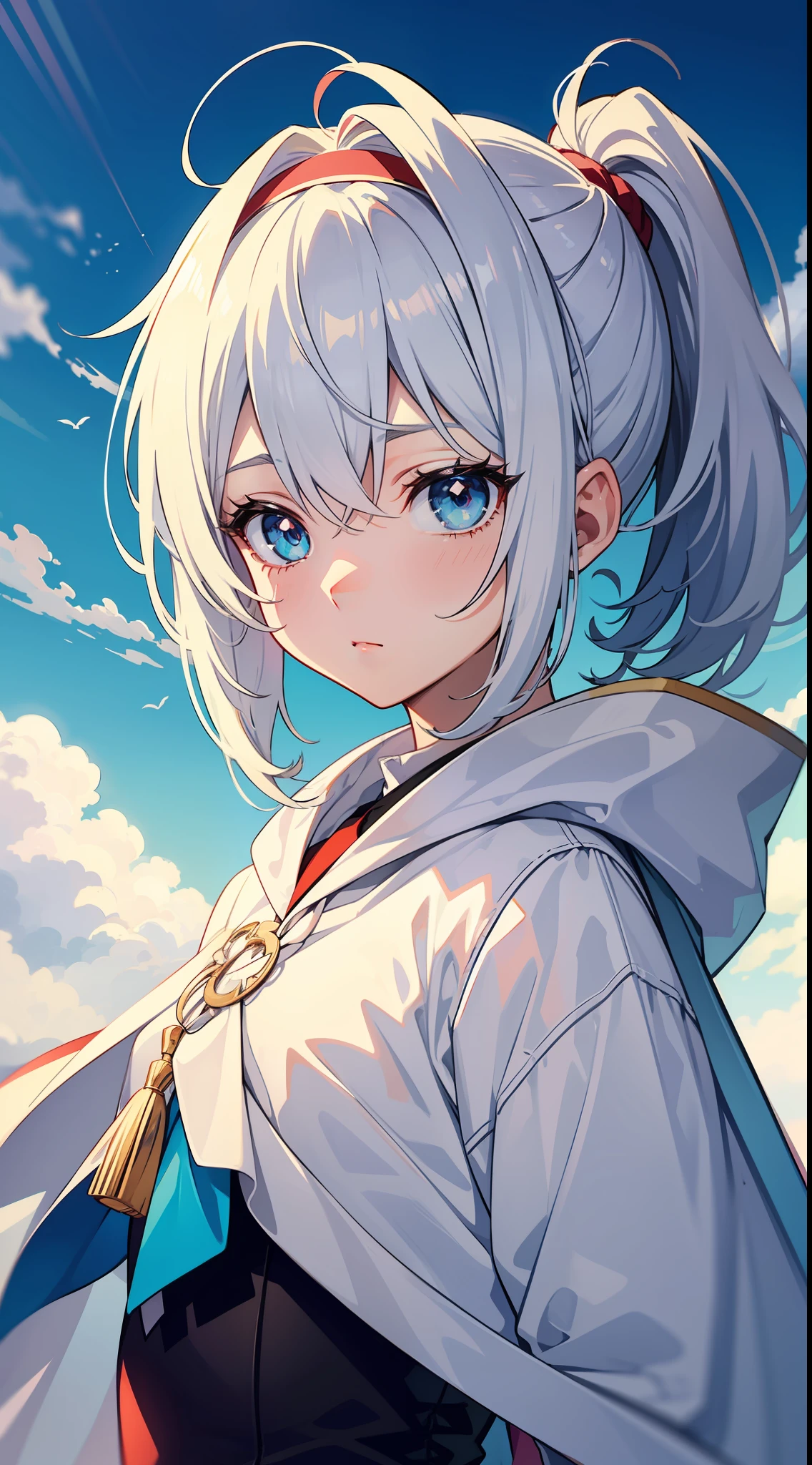 Anime characters with white hair and blue eyes, anime visual of a cute girl, Anime moe art style,Girl with short white hair, Shoujo white hair young anime girl, official character art,White hooded cape，White robe，teens girl，Gray hair sky blue gradient，red hairband，Heterochromic pupils，tilts your head，face expressionless,underage，flatchest，apathy，Short ponytail hair