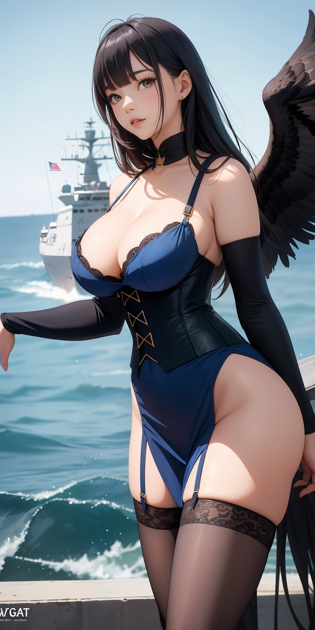 1个Giant Breast Girl,Gorgeous Hair in Long Purple,Qi bangs,Delicate and beautiful face,crisp breasts,Convex buttocks,Dressed in a dark blue military uniform,Black corset,dark blue short dress,black lence stockings,Dark blue sleeves,Dark blue high heels,beachside,Bald Eagle,Naval warships,American flag,perfectly proportioned, Cinematic lighting, filmgrain, Fuji colors, lightand shade contrast, 8K, 巨作, Textured skin, Super detail, high detal, High quality, A high resolution,