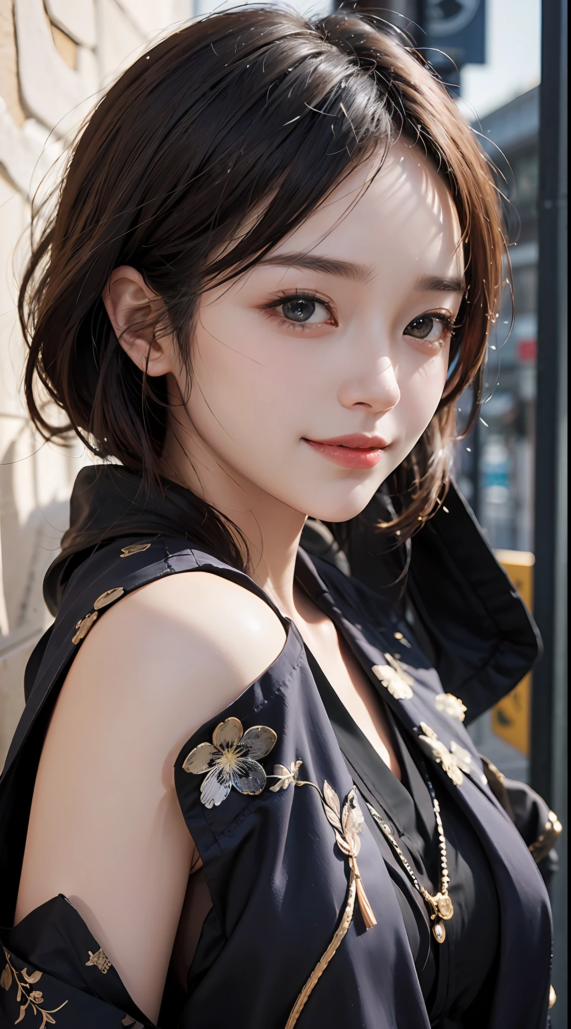 1girl in, Heterochromia, gradation hair:1.5, focal, (abstract theme, Abstract background,)A smile, A MILF, impactful。masterpiece, 1 beautiful girl, Detailed eye, Swollen eyes, top-quality, 超A high resolution, (reality: 1.4), 电影灯光, japanes, a asian beauty, Korea person, very extremely beautiful, Beautiful skins, A slender, Forward-facing body, (A hyper-realistic), (hight resolution), (8K), (ighly detailed), ( Best Illustration), (beautifully detailed eyes), (ultra-detailliert), (wall-paper), 详细的脸, Bright lighting, Professional Lighting, looking at the viewers, Facing straight ahead、A smile、short-hair、Neat and clean clothing、background slightly blurred、Street Trees、Sateen、Hair color is partially bright blue、Birthday、doress、