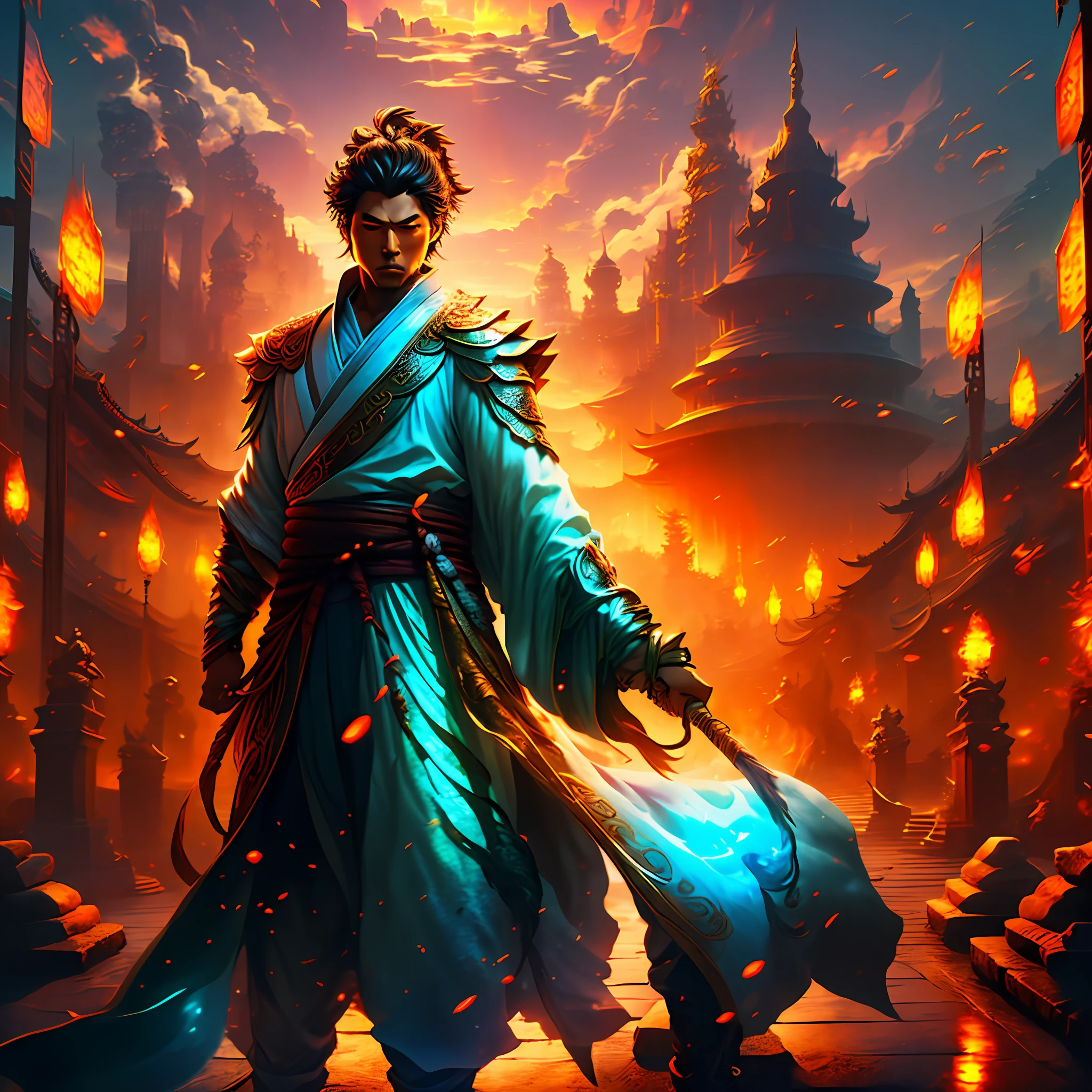 (The image is Masterpiece)The best picture quality,extremaly detailed cg，k hd，dynamic angle，dynamicposes，Play as the character of the Monkey King,(A man)Brown pupils，brunette color hair，There is wind，Wearing rags and linen，A powerful arm holding a golden hoop rod，cunning expression，(Foreground's stones)，(Background clouds and sunsets，Distance from depth of field),Unruly breath,Flavorful art filters。 --auto