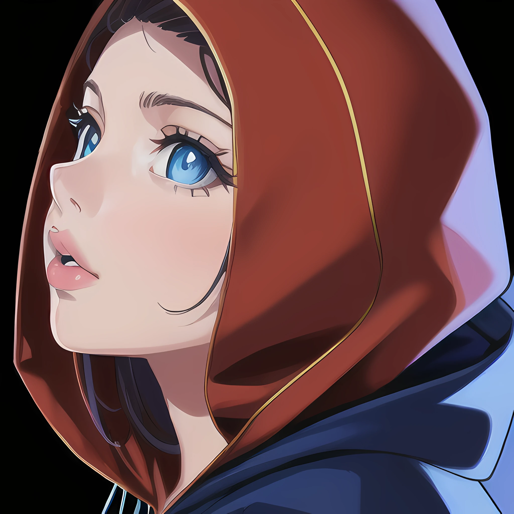 ((close up portrait of middled age woman with a hood on & with big huge giant blue eyes & tiny nose & closed wide thick mouth full lips!!!:1.5)), she is looking at the camera & her expression is solemn, colorfull anime portait, colorfull anime profile, solemn expression, mysterious portrait of a woman, inspired by Naruto anime series, myself, mysterious portrait, mysterious eerie portrait, night!!! (((masterpiece))), (((best quality))), ((ultra-detailed)), (highly detailed anime illustration), ((an extremely delicate and beautiful)),(from side),cinematic light,((1anime woman)),solo, black background, extreme detailed,colorful,highest detailed