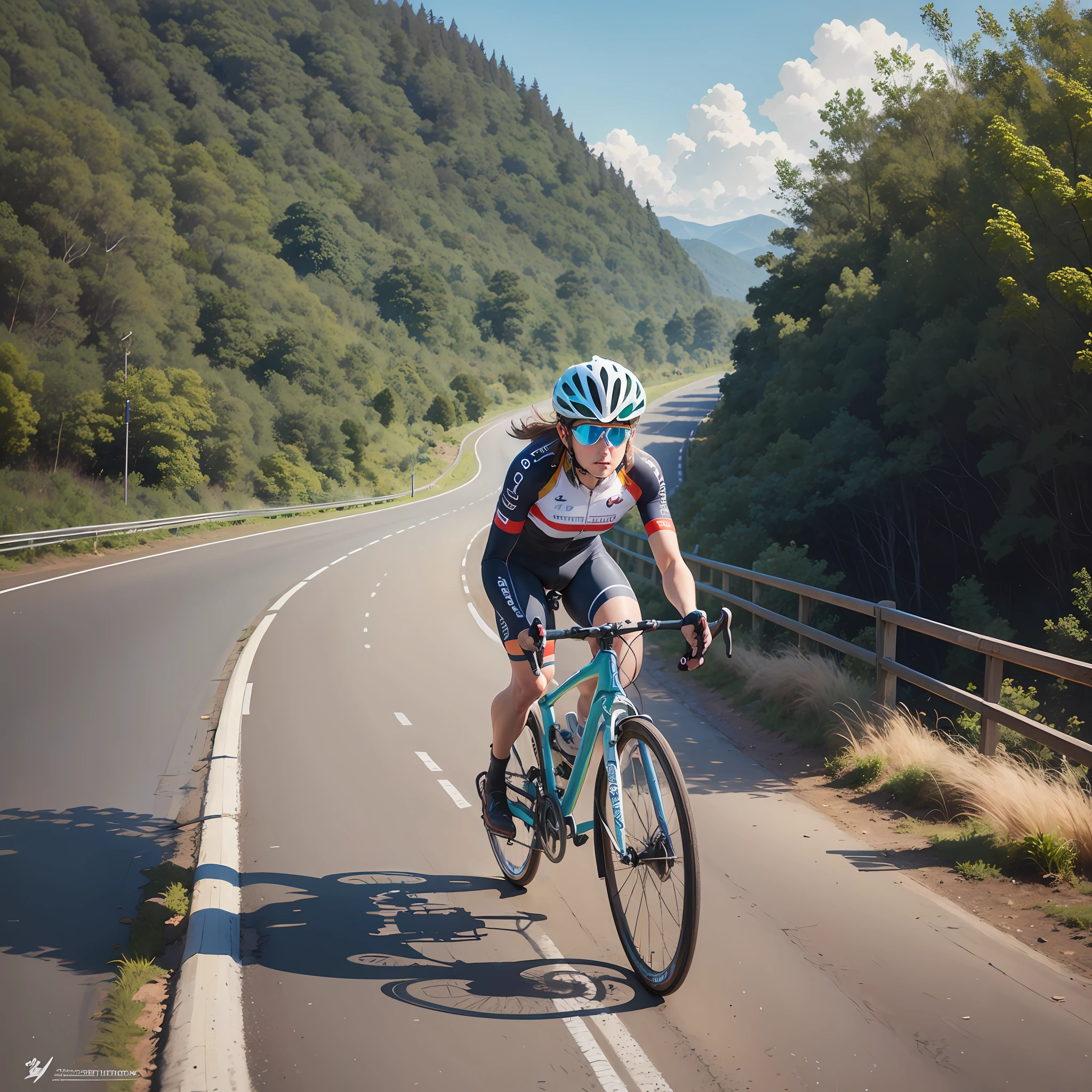 Uma obra-prima, da melhor qualidade, realista, realista, esta pintura retrata um um homem pedalando uma bicicleta no meio da estrada, Andar na estrada, Estrada para o Mar, em uma estrada, uma estrada que leva ao farol, vista para milhas, unobstructed road, estrada montanhosa, Estradas pavimentadas, From a distance, Karla Ortiz, Estradas largas, clear skies in the distance, touring, imagem profunda, Arremesso longo, ciclismo, turismo, 🚲, Toda a pintura usa um retrato bonito e realista (retrato realista kawaii estilizado), Toda a pintura mostra excelente realismo e detalhes, --auto --s2