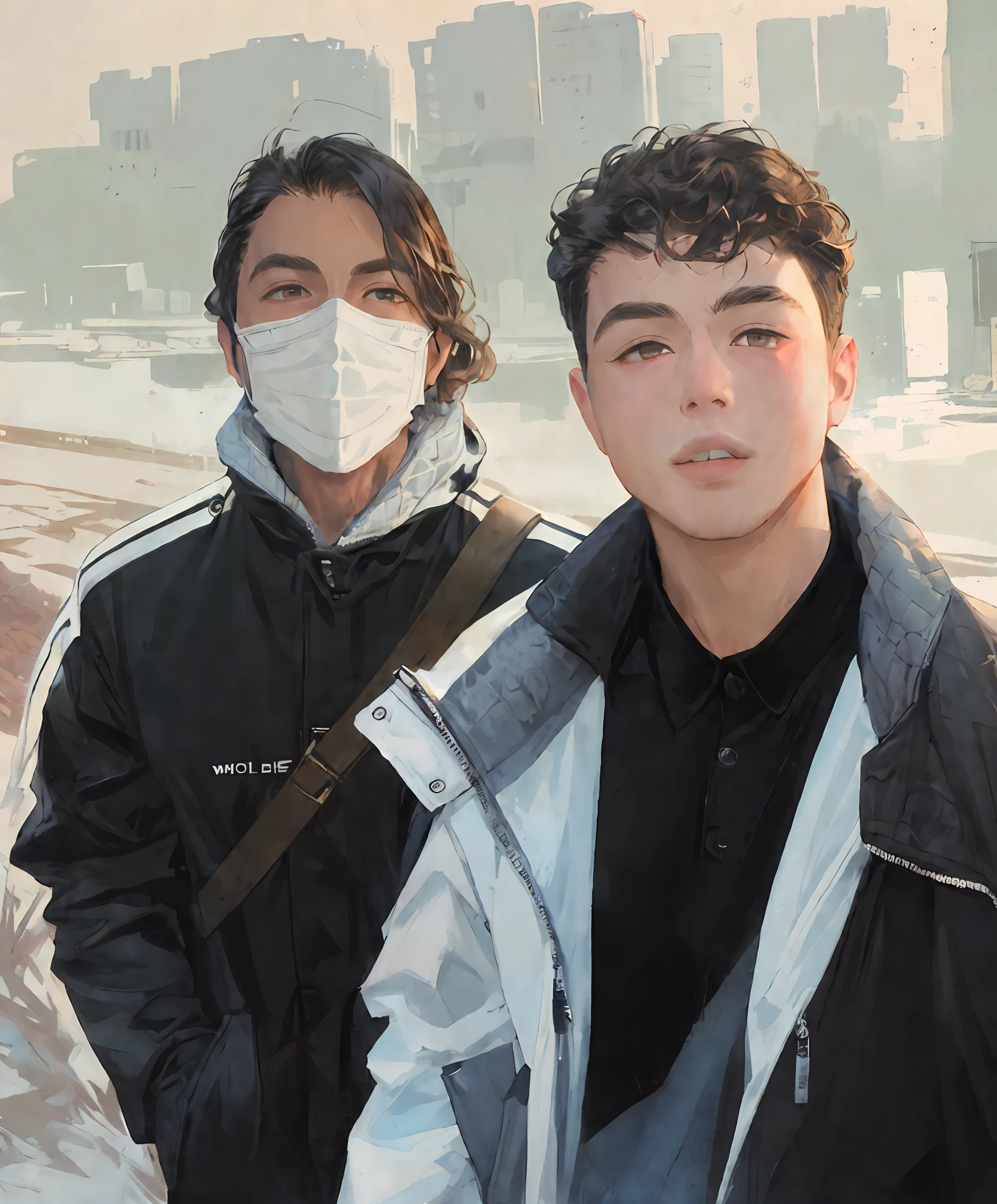 (Art HD 8,000 pixel selfie photo,Extremely realistic artistic realism style,scifi style,robot,tightsuit,Mecha,robot)Two young men wearing masks,Long-haired wolf-tailed boy in a black mechanical trench coat wearing a mechanical mask,Wearing white mechanical style clothes,Curly-haired boy without a mask