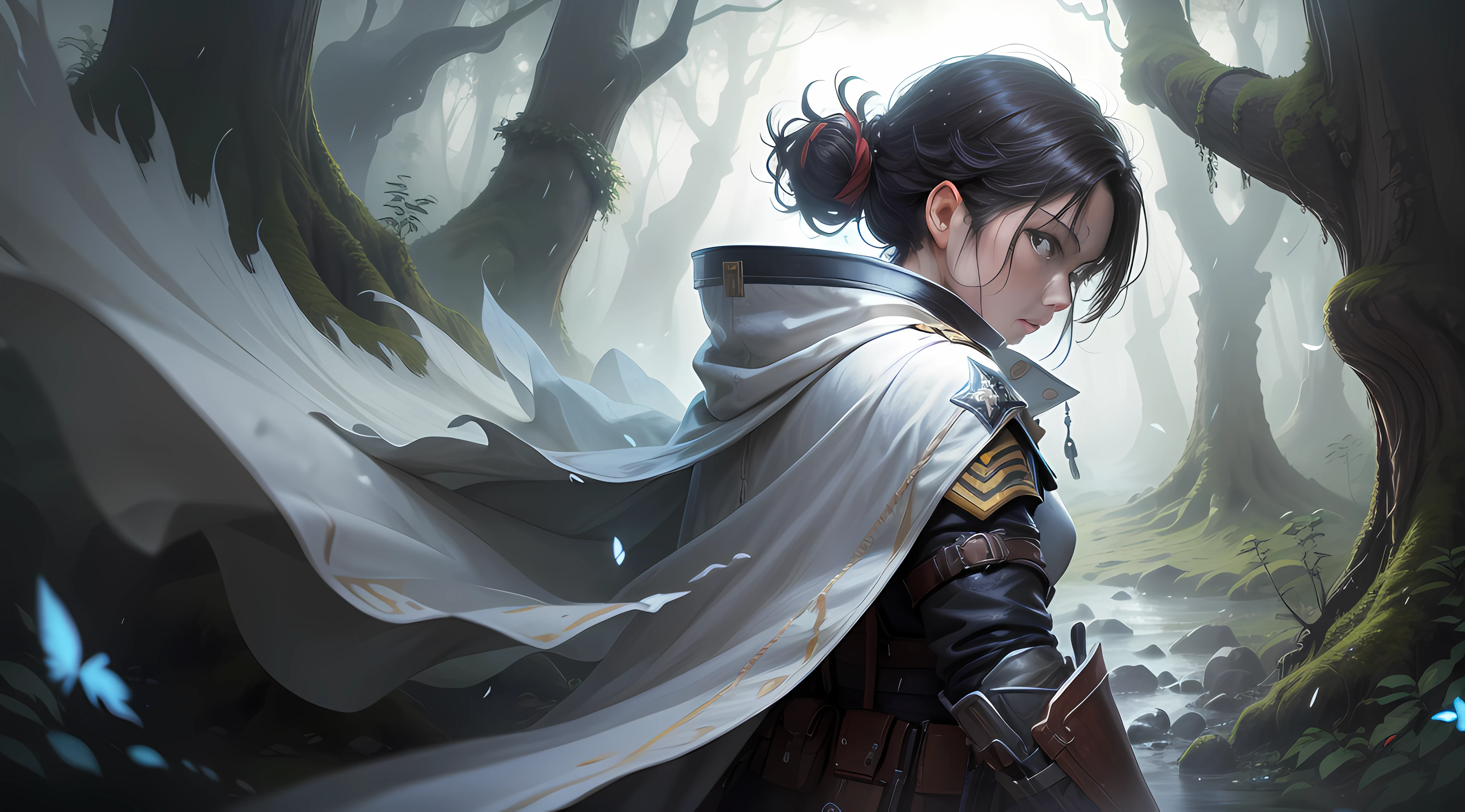 Panoramic scene，Depiction of rich detail，Very adventurous atmosphere，The protagonist is armed with a mysterious weapon，White capes flutter in the wind，Travel in torrential rain，Along the way, the background lights are dimly flickering，It stands on the slender branches of ancient trees on the left and right，It was two opposing organizational soldiers。
