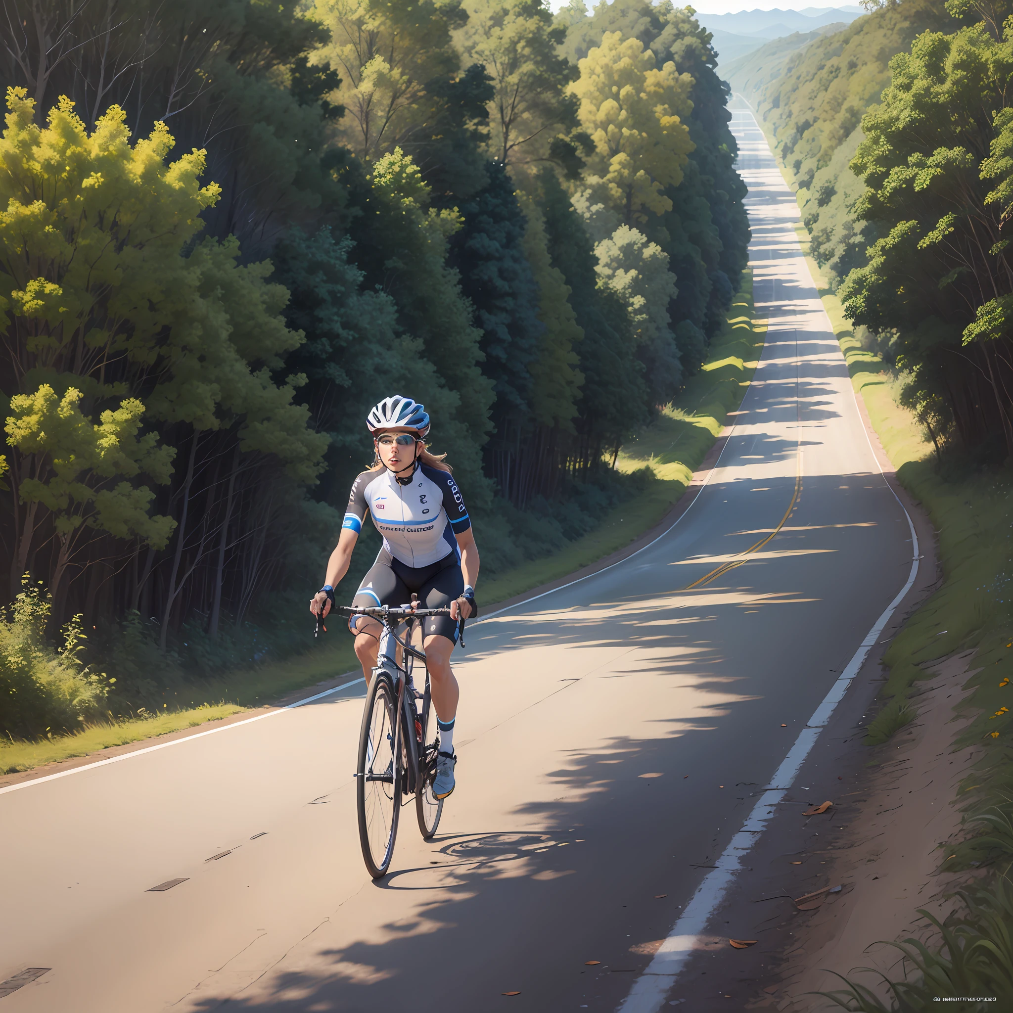 Uma obra-prima, da melhor qualidade, realista, realista, esta pintura retrata um um homem pedalando uma bicicleta no meio da estrada, Andar na estrada, Estrada para o Mar, em uma estrada, uma estrada que leva ao farol, vista para milhas, unobstructed road, estrada montanhosa, Estradas pavimentadas, From a distance, Karla Ortiz, Estradas largas, clear skies in the distance, touring, imagem profunda, Arremesso longo, ciclismo, turismo, 🚲, Toda a pintura usa um retrato bonito e realista (retrato realista kawaii estilizado), Toda a pintura mostra excelente realismo e detalhes, --auto --s2
