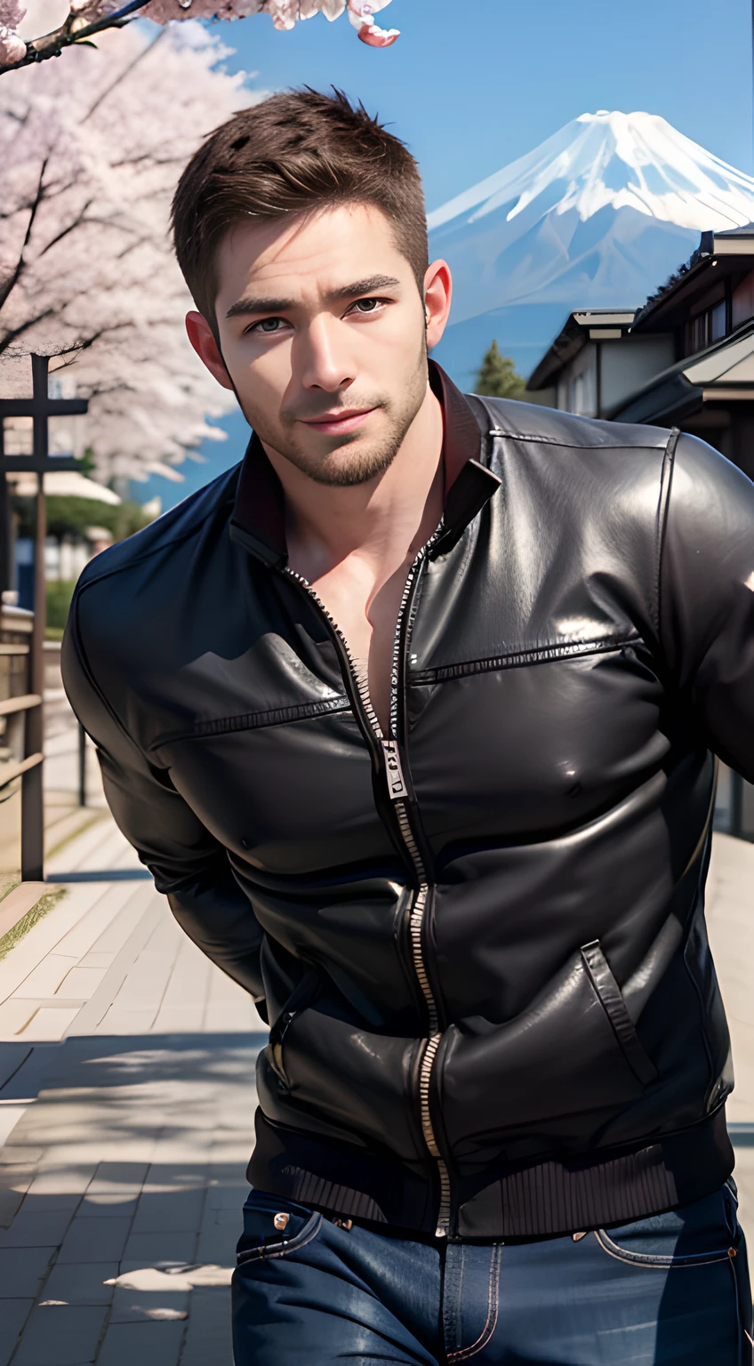 (Men only), (cowboy shot), (handsome muscular man in his 20's), he resembles Chris Redfield from Resident Evil. (Mt fuji, cherryblossom, Snow in the background), Mischievous smile, (detaile: 1 in 1), Natural muscles, HIG quality, beautidful eyes, (Detailed face and eyes), (Face、: 1 / 2), Noise, Real Photographics、... .................................................PSD, Sharp Focus, High resolution 8K, realisitic & Professional Photography, 8K UHD, Soft lighting, High quality, Film grain, FujifilmXT3