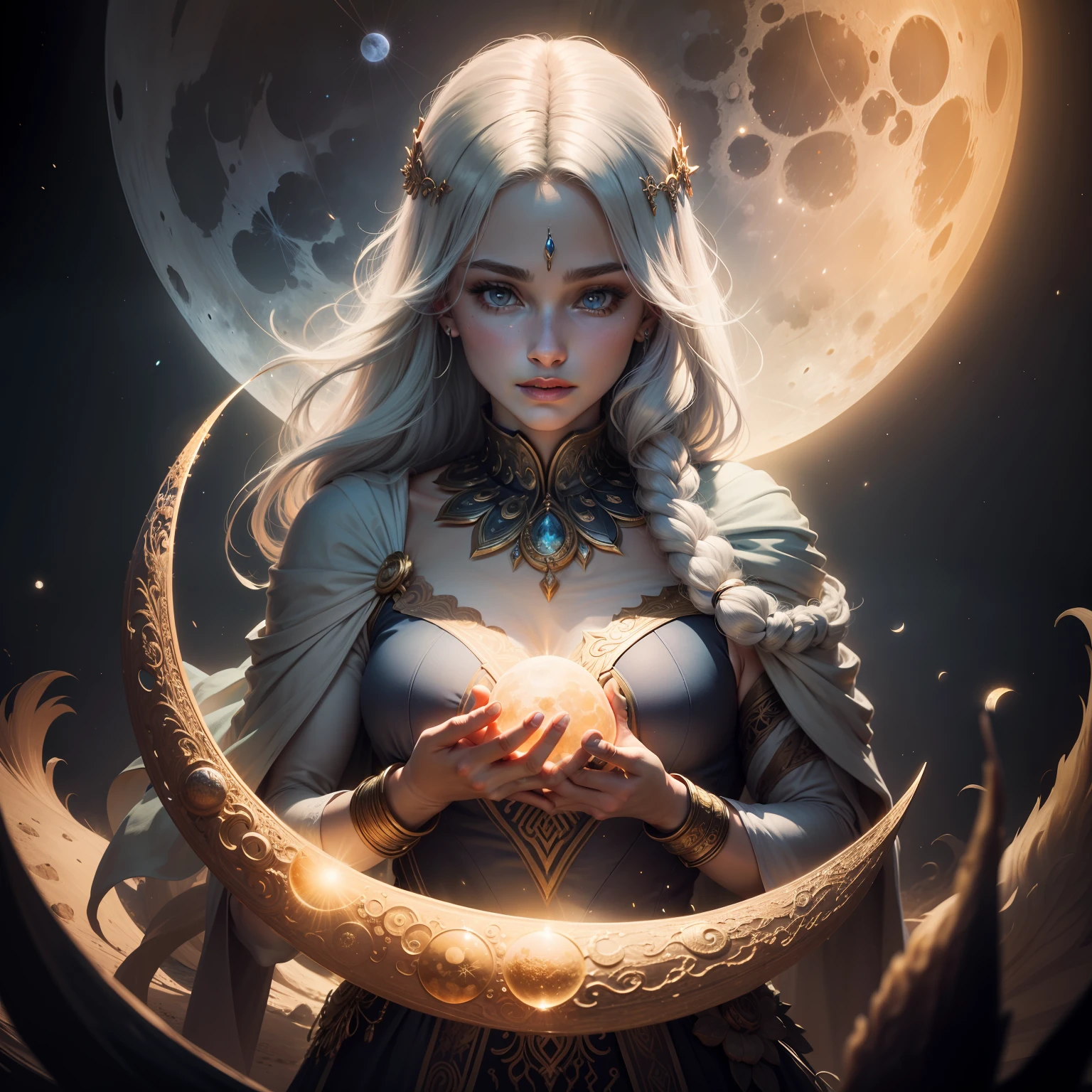 "O deus da Lua, A Pale Man Crystal Silver Hair, Holding the Moon in Your Hands. Perfect balance between shadow and lighting, Ambiente Celestial, brilhante, distante, geralmente arejado, mas ainda assim intimidadoramente poderoso, The mythological scenario in which you are static is drawn with precision with a master brush. Toda textura e detalhe meticulosamente representado. The peace of the moon that surrounds you and immerses you in a magical and enchanting world."