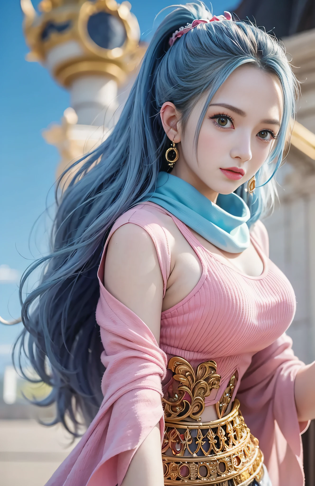 masutepiece, Best Quality,8K,highest grade, absurderes, Extremely detailed, nefertari vivi, 1 girl, Solo, Looking at Viewer, long wavy light blue hair, with two locks hanging down, one on either side of her head, which started out at about chin-length, She is most often、I wear it with my hair pulled back into a ponytail, and brown eyes, she is wearing a dancer outfit with a blue-pink top, blue-pink long skirt, and a white scarf, (Castle background),///,