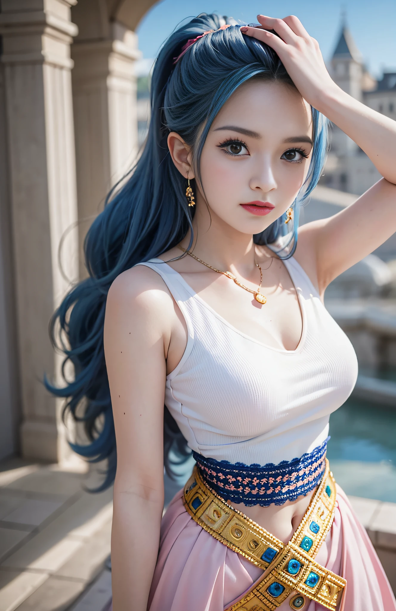 masutepiece, Best Quality,8K,highest grade, absurderes, Extremely detailed, nefertari vivi, 1 girl, Solo, Looking at Viewer, long wavy light blue hair, with two locks hanging down, one on either side of her head, which started out at about chin-length, She is most often、I wear it with my hair pulled back into a ponytail, and brown eyes, she is wearing a dancer outfit with a blue-pink top, blue-pink long skirt, and a white scarf, (Castle background),///,