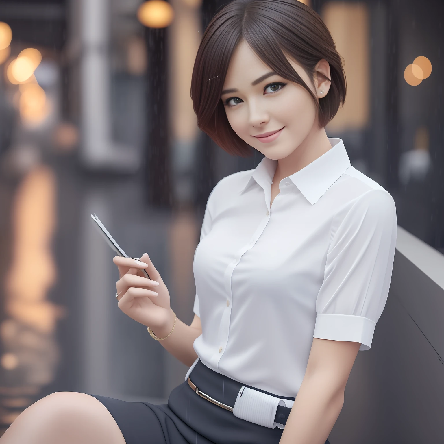 (8k, Best Quality, Masterpiece: 1.2), (Realistic, Realistic: 1.37), Ultra Detailed, 1 Girl, Cute, Solo, Beautiful Detailed Sky, Detailed Cafe, Night, Sitting, Dating, ( red nose), (smile: 1.15), (shut up) small breasts, beautiful and delicate eyes, (collared shirt: 1.1), night, wet, business attire, rain, white lace, (short hair: 1.2), flowing hair NovaFrogStyle,