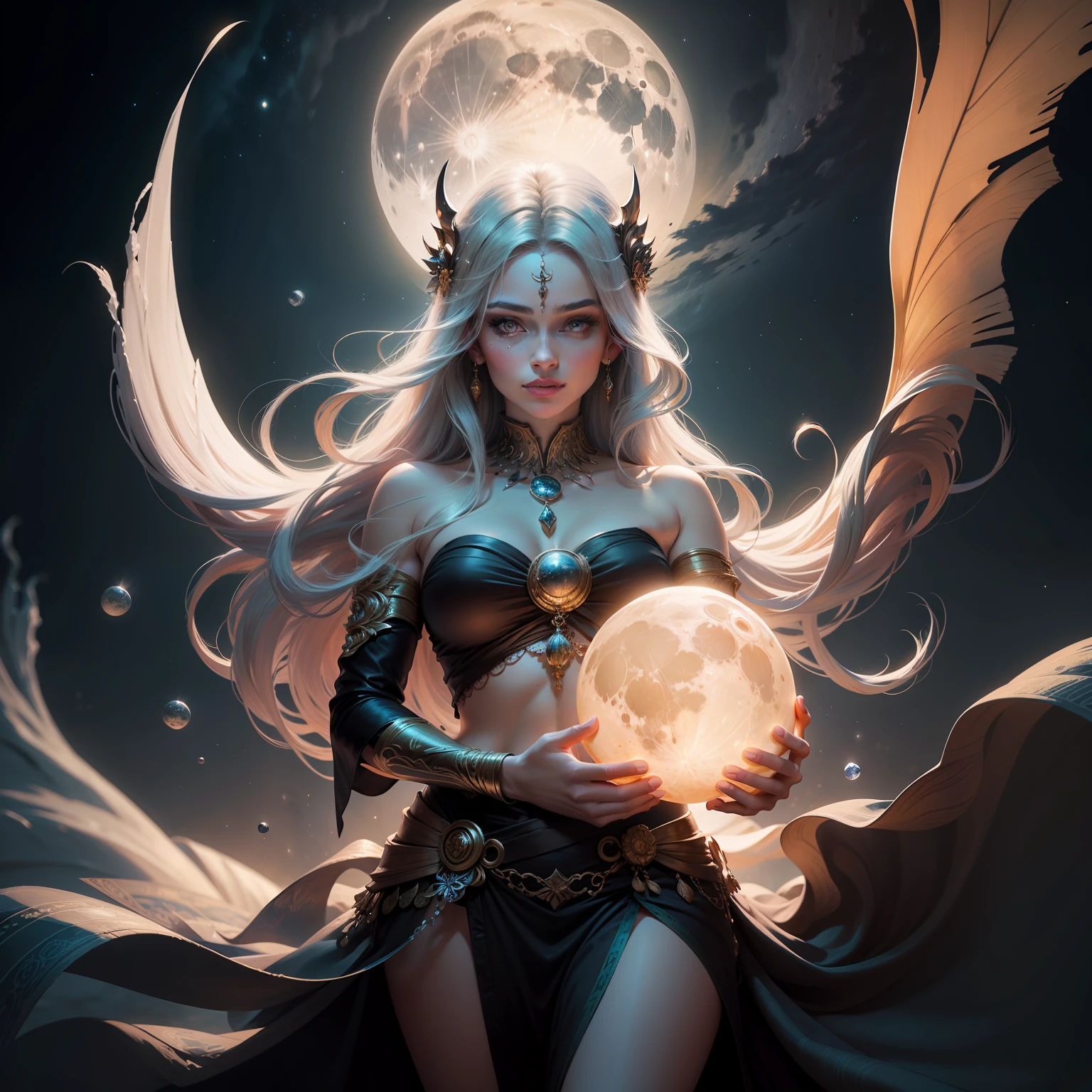 "A deusa da Lua, Uma Mulher loira em uma carruagem de cristal, Holding the Moon in Your Hands. Perfect balance between shadow and lighting, Ambiente Celestial, brilhante, distante, geralmente arejado, mas ainda assim intimidadoramente poderoso, The mythological setting in which you are static is drawn accurately with a master brush. Toda textura e detalhe meticulosamente representado. The peace of the moon that envelops you and plunges you into a magical and enchanting world."