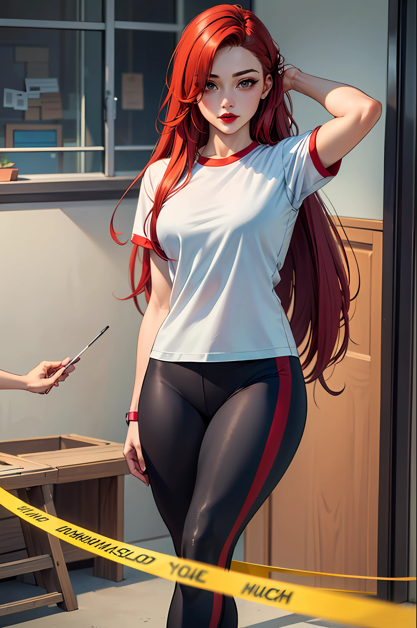 (masterpiece:1.4)、(top-quality:1.4)、
1girl in,Tight t-shirt and colorful sports leggings、Arm sleeve, Red hair,length hair, looking at the viewers, 独奏 ,realisitic,(shinny skin),(masterpiece:1.4),(top-quality:1.4),red-lips