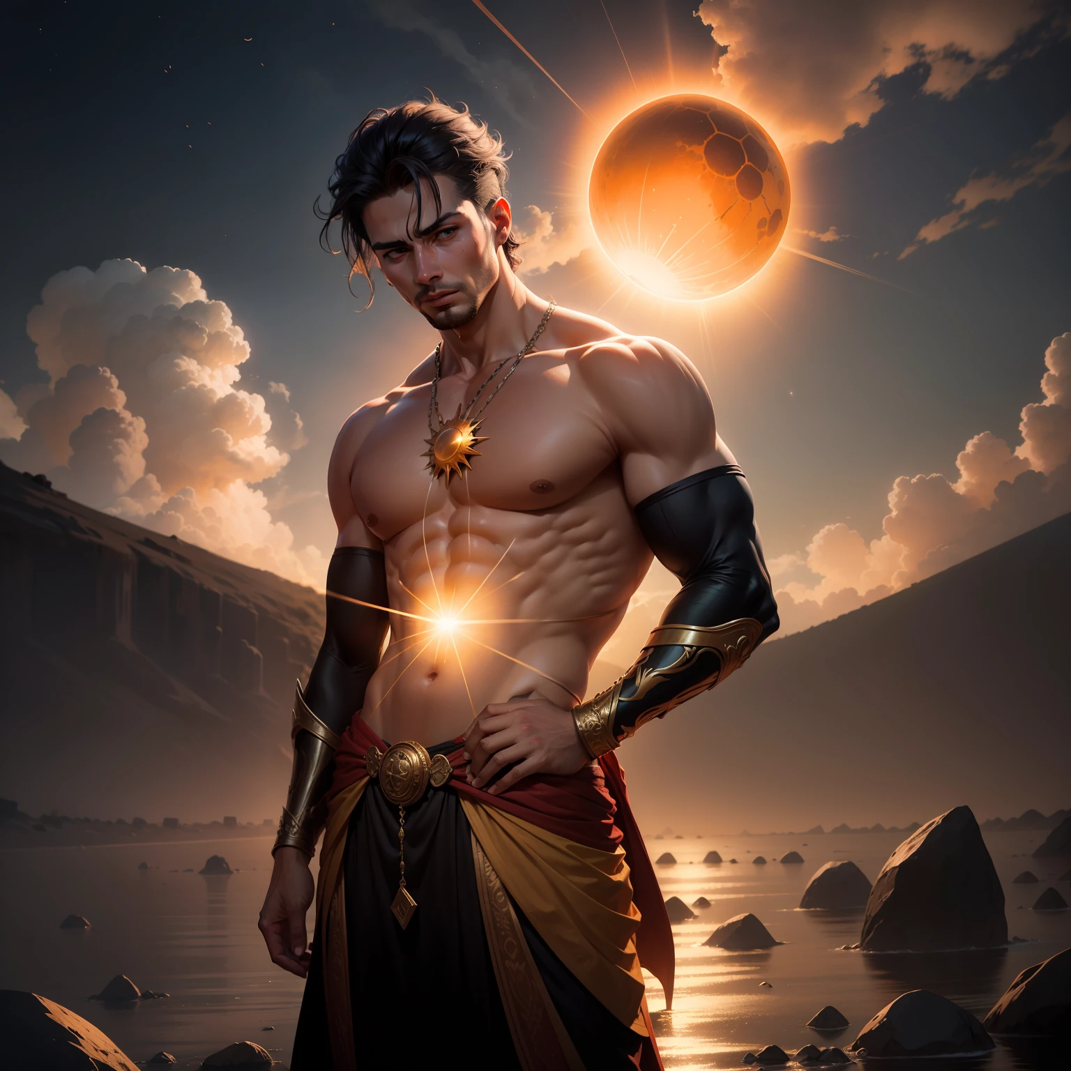 "O Deus do Sol, Um Homem loiro em uma carruagem de fogo, holding the sun in your hands. Perfect balance of shadow and lighting, ambiente celestial, brilhante, distante, geralmente arejado, mas ainda assim intimidadoramente poderoso, The mythological setting in which you are static is drawn accurately with a master's brush. Toda textura e detalhe meticulosamente representado. The scorching heat of the sun envelops you and immerses you in a magical and enchanting world."