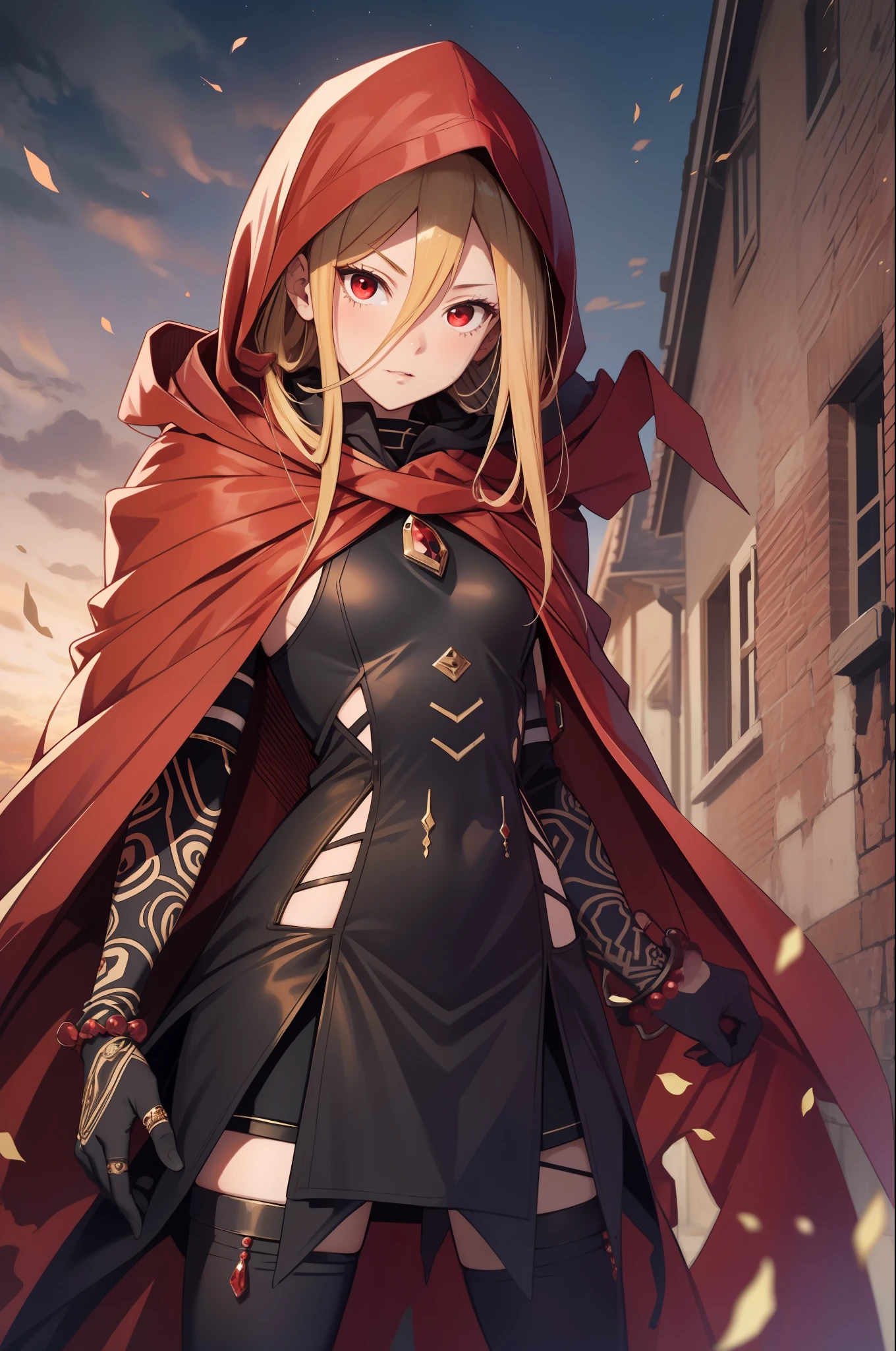 Evileye, masterpiece, best quality,  intricate details, 1girl, cape, red cape, red eye, mask, saito naoki,  best quality, high resolution.