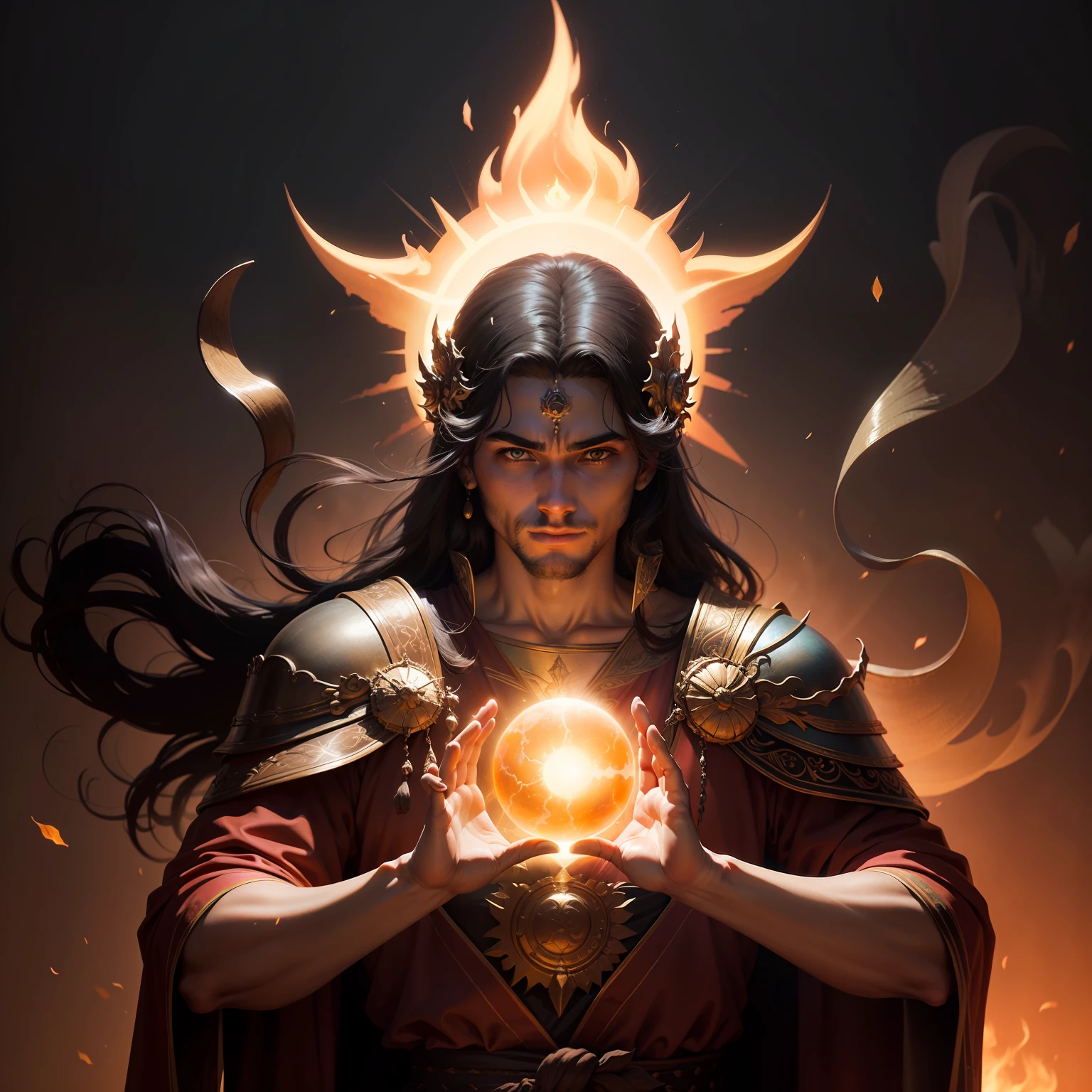 (extremamente detalhado CG unidade 8k papel de parede,master part, melhor qualidade, ultra-detalhado),(best ilumination, melhor sombra)(Pintura digital, obra-prima, alta qualidade, feita com cuidado, detalhes ultra detalhados: 1.3, magic lighting, profundidade de campo, Pinceladas delicadas, Fantastical Atmosphere, Ethereal aesthetics) The God Of Sun, Um Homem loiro em uma carruagem de fogo, Holding the sun in your hands.