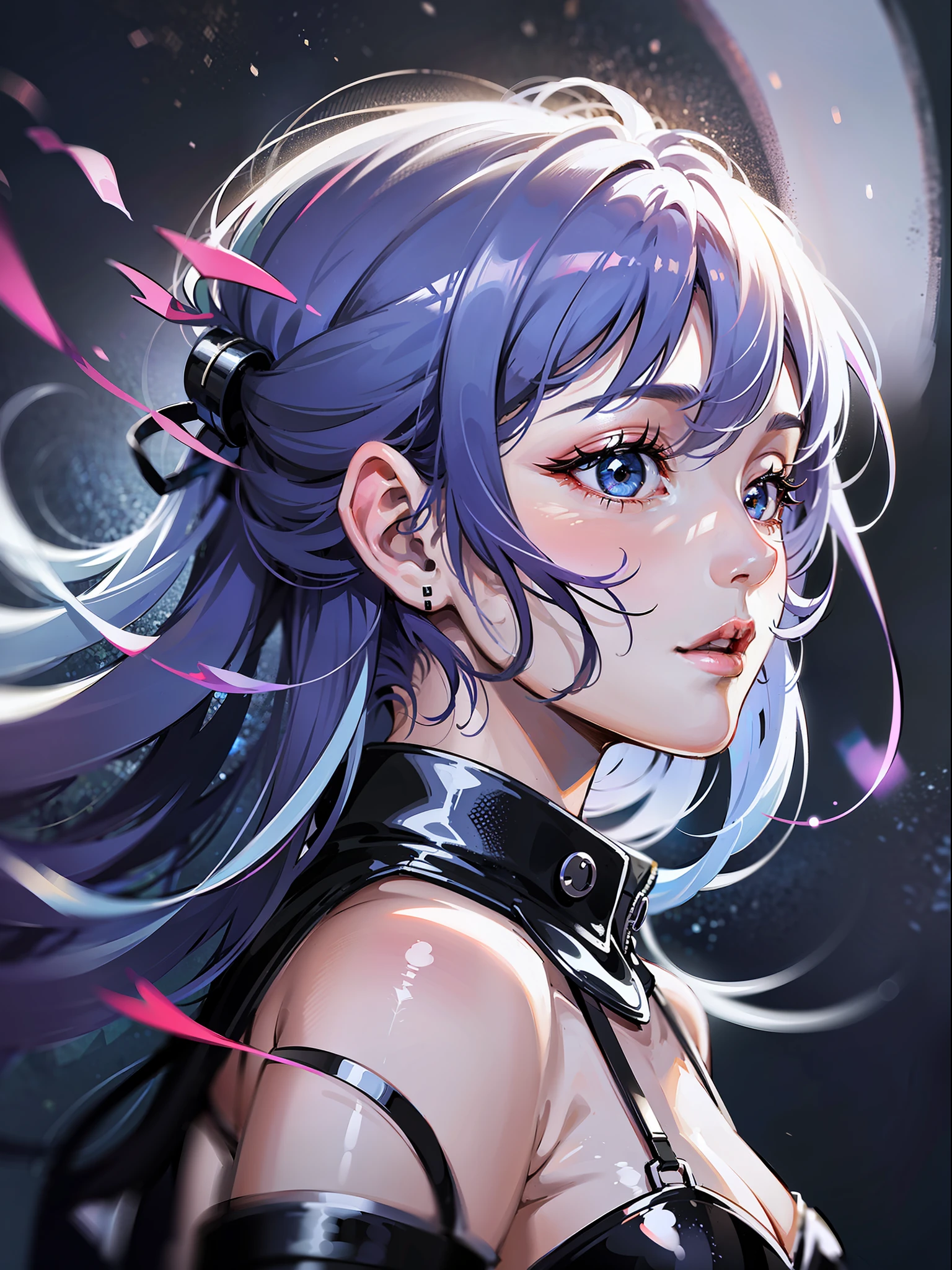 beautiful a girl、profile、looking distantly、Music is empowered、Music、waveform、(((Hyper Detail))),(Extreme Detail CG Unity 8K Wallpapers、masterpiece、top-quality)、(exquisite lighting and shadow、highly dramatic picture、a beautifulchi girl)、(Cinematic lens effect)、concept-art、starrysky、nightcity、neons、Colorful shapes with sounds in the background、band、Song、stain glass、Dynamism、