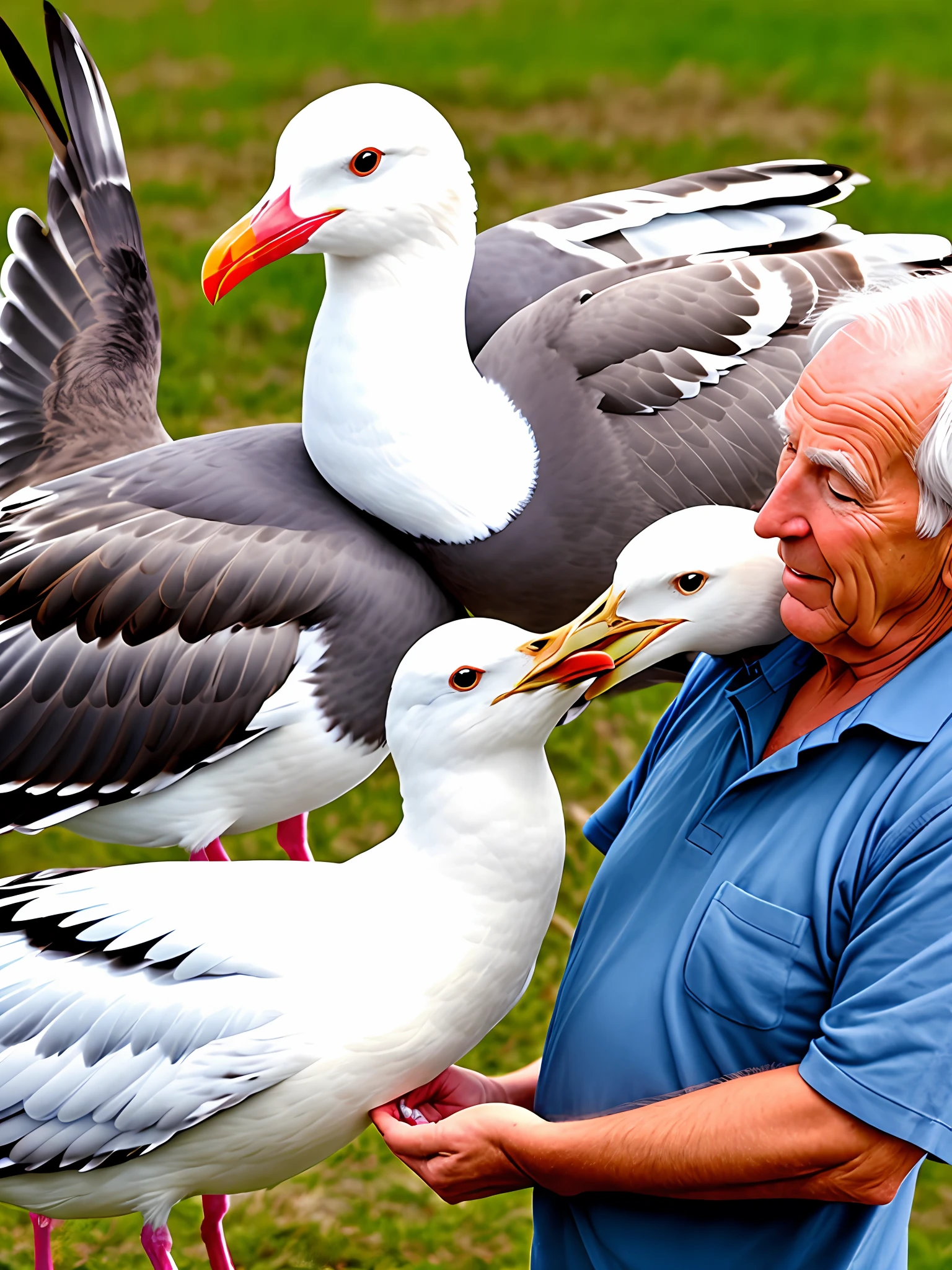 Seagulls eat food from the hands of the old man