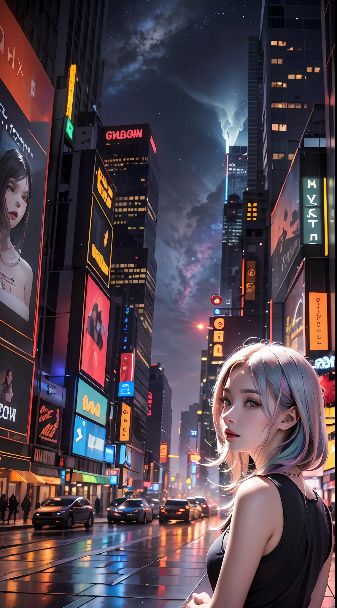(masterpiece, high quality, highres,illustration), 1girl, galaxy multicolored hair in New york city playing with a lion at night with orange fog, cybercity,