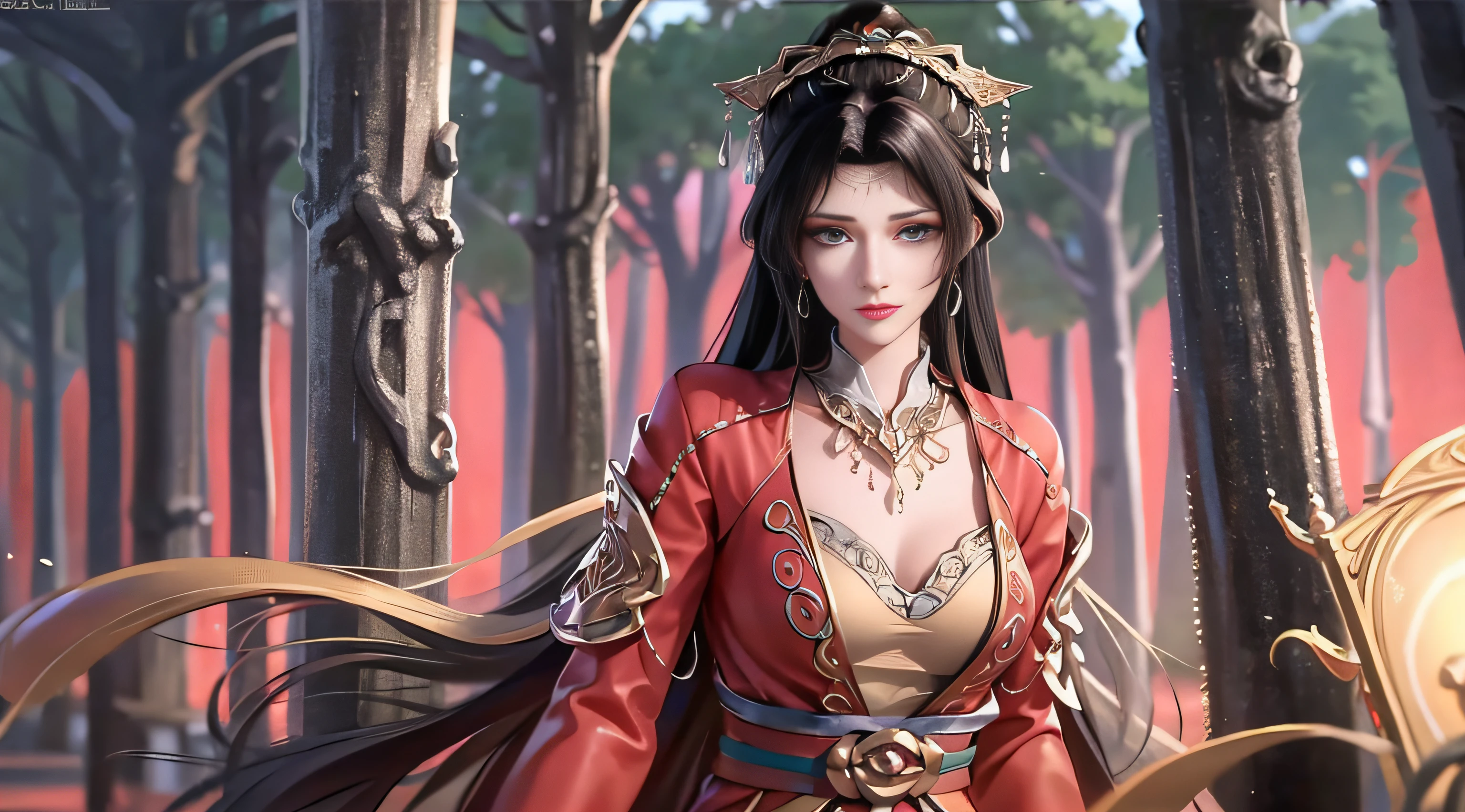 best qualtiy，tmasterpiece，Extremely Delicately Beautiful，The is very detailed，CG，unified，8k wallpaper，Beautiful Meticulous Girl，（very vey very detailed face）， 1girll，独奏，The whole body leans against the trees by the sea，Wearing a long red dress，large tities