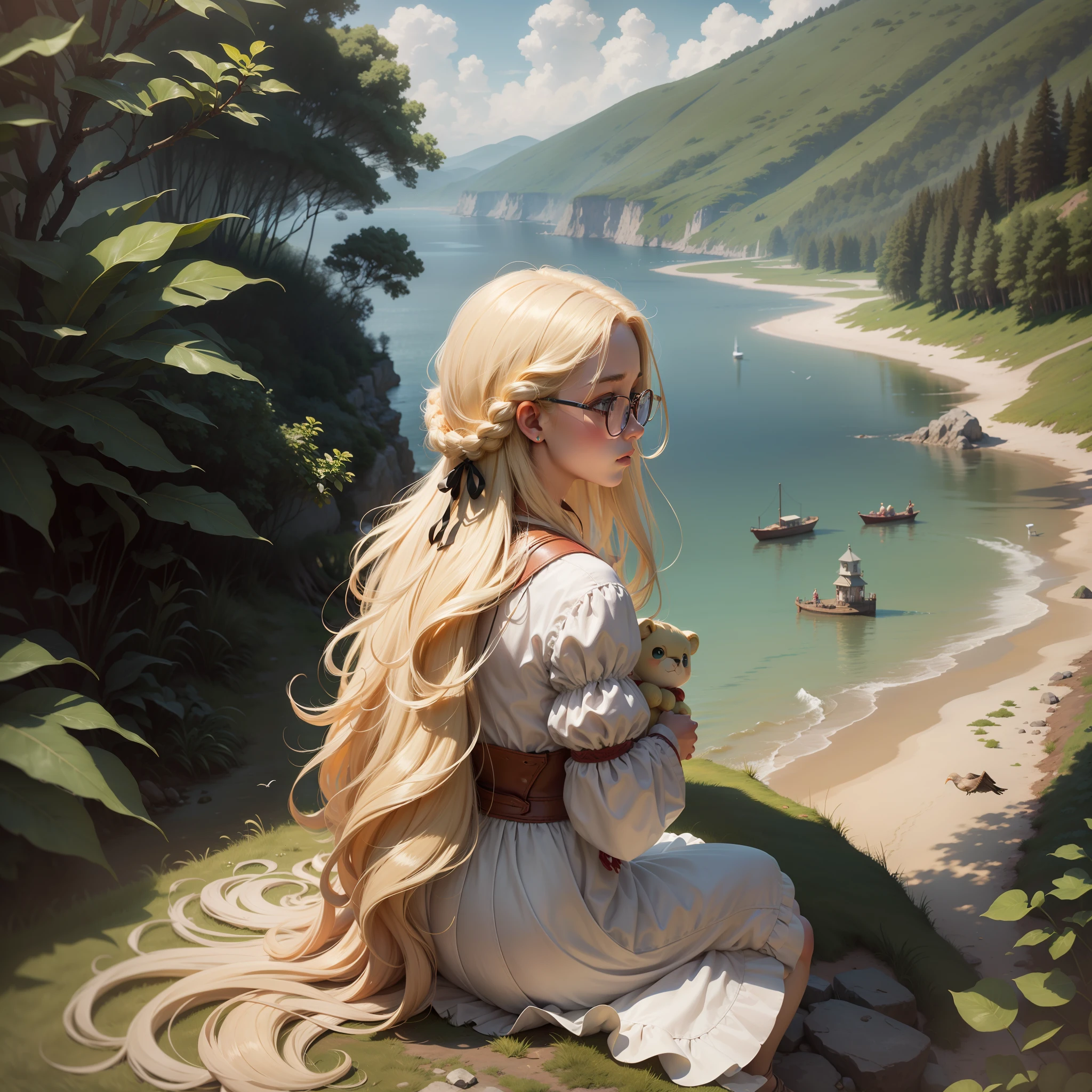 Long blonde hair, Super detail by the sea, Lonely back,The eyes are sad,There are many seagulls flying over the sea,The red dragon holds a ragbear doll,bit girl, Sit in the corner of the sea,Blue glasses,Golden linen braid, Golden background, High hills, Clouds, ln the forest, Monet, 8K, Best quality, Masterpiece, hyper HD,