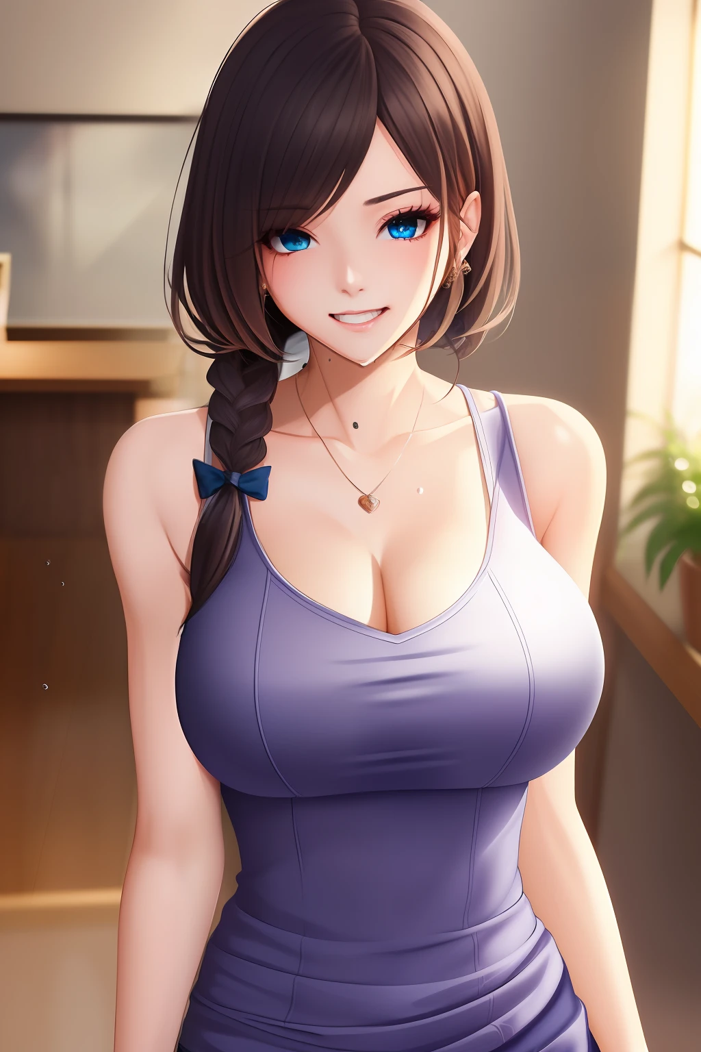 (Best Picture Quality, 8k, tmasterpiece:1.3)), 1girl, Beautiful woman with slender abs:1.3, (Casual hairstyle, Leaky big breasts:1.2), shift dresses:1.1, Ultra-fine face, A detailed eye, 二重まぶた,ssmile,Home
