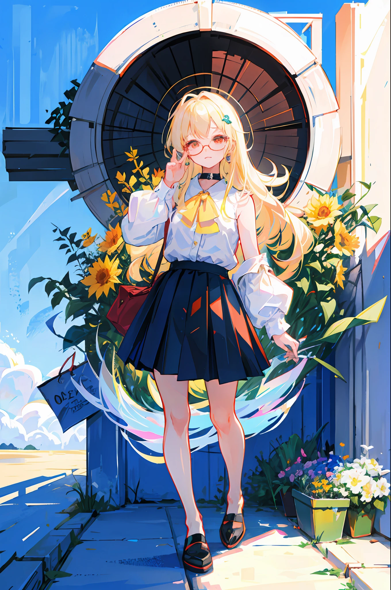 Best quality, super high resolution, (realism: 1.4), 1 female, sleeveless white button-down shirt, black skirt, black collar, ((glasses)), (Kpop idol), (aegyo sal: 1), (platinum blonde: 1), ((puffy eyes)), looking at viewer, full body, flowers