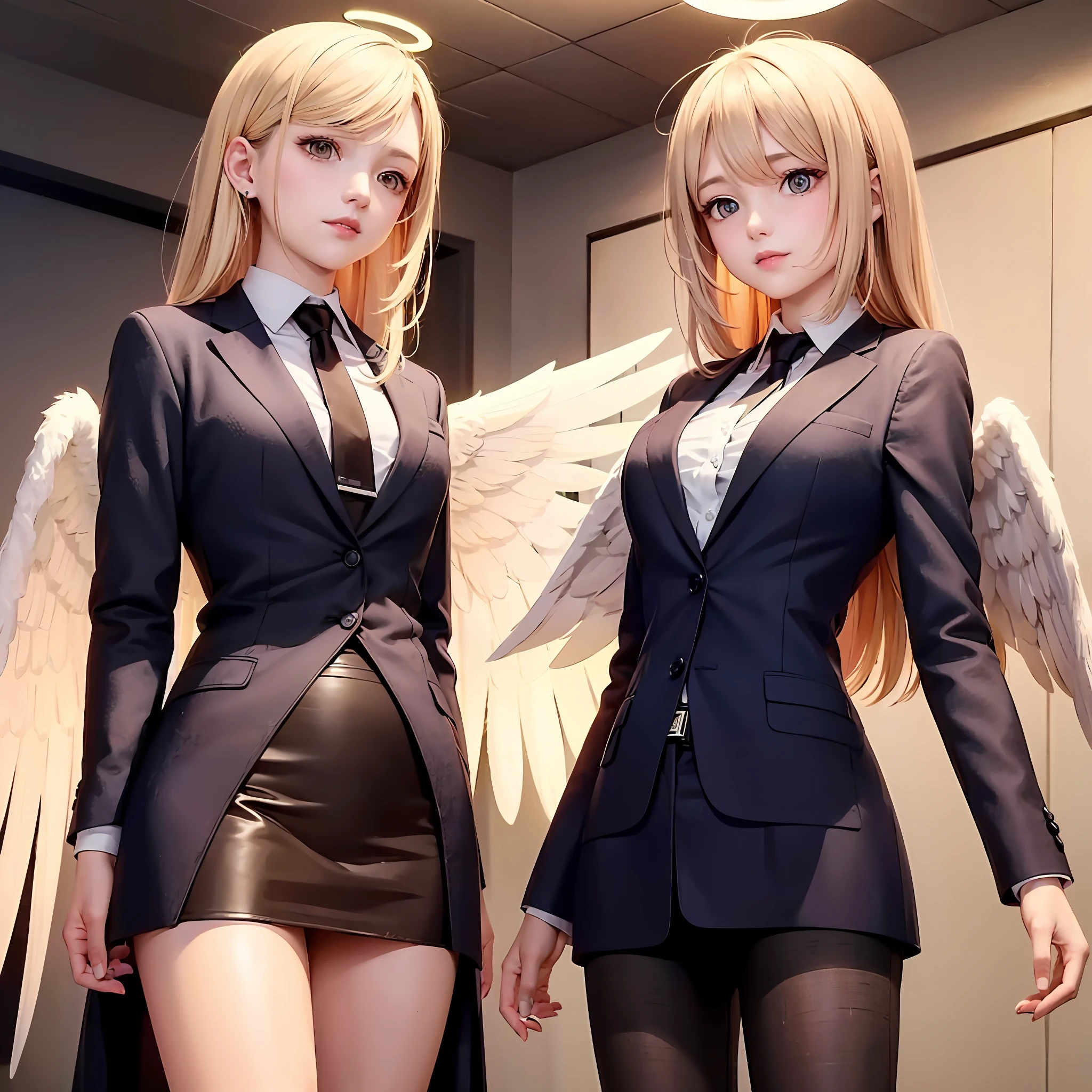 whaite hair，Young men，middle score，long whitr hair，curlies，whaite hair，angelic halo，Light wings，Business suit，coat large，Left arm mechanical Studio Lighting,style of arknights,Illustration,pastel colors,game cg,cowboy shot --auto