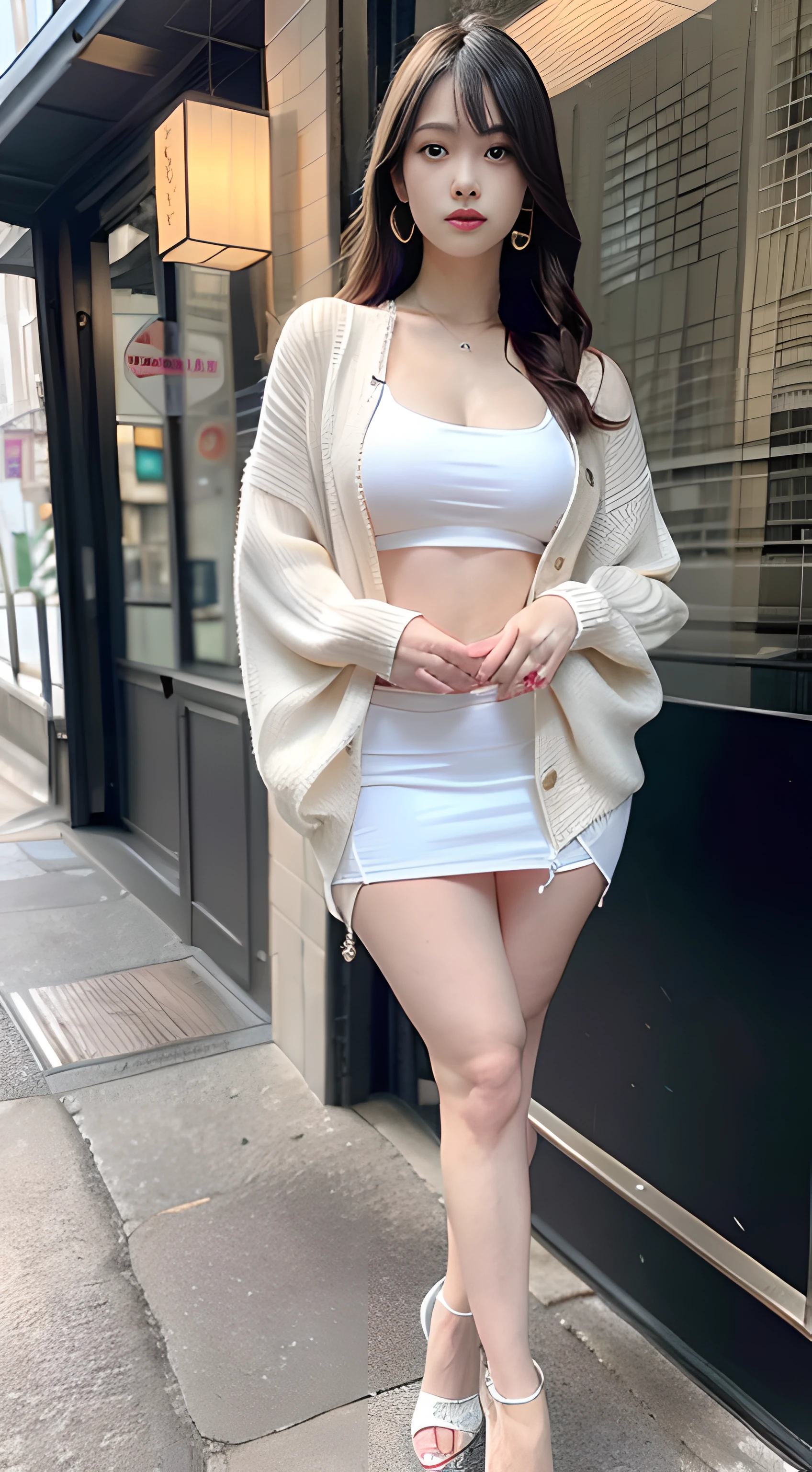 (Masterpiece, Top Quality: 1.3), (Ultra Detail: 8k CG: 0.4), (Ultra Realistic: 1.35), (Photorealistic: 1.45), (Realistic: 1.5), Posing, Standing, Beautiful Japan Woman, 25 years old, Supermodel, Gorgeous, Japan Idol, (Curvy Breasts), {Park in Background}, Reflected Light, (Luxury Lingerie), (Ultra Ultra Mini Skirt: 1.5), Long Hair, (slit eyes: 1.8), sharp face, detailed eyes, wavy hair, long legs, constricted waist, delicate skin, full body, oversized sheer cardigan, earrings, necklace, high heels that look like taken from the front