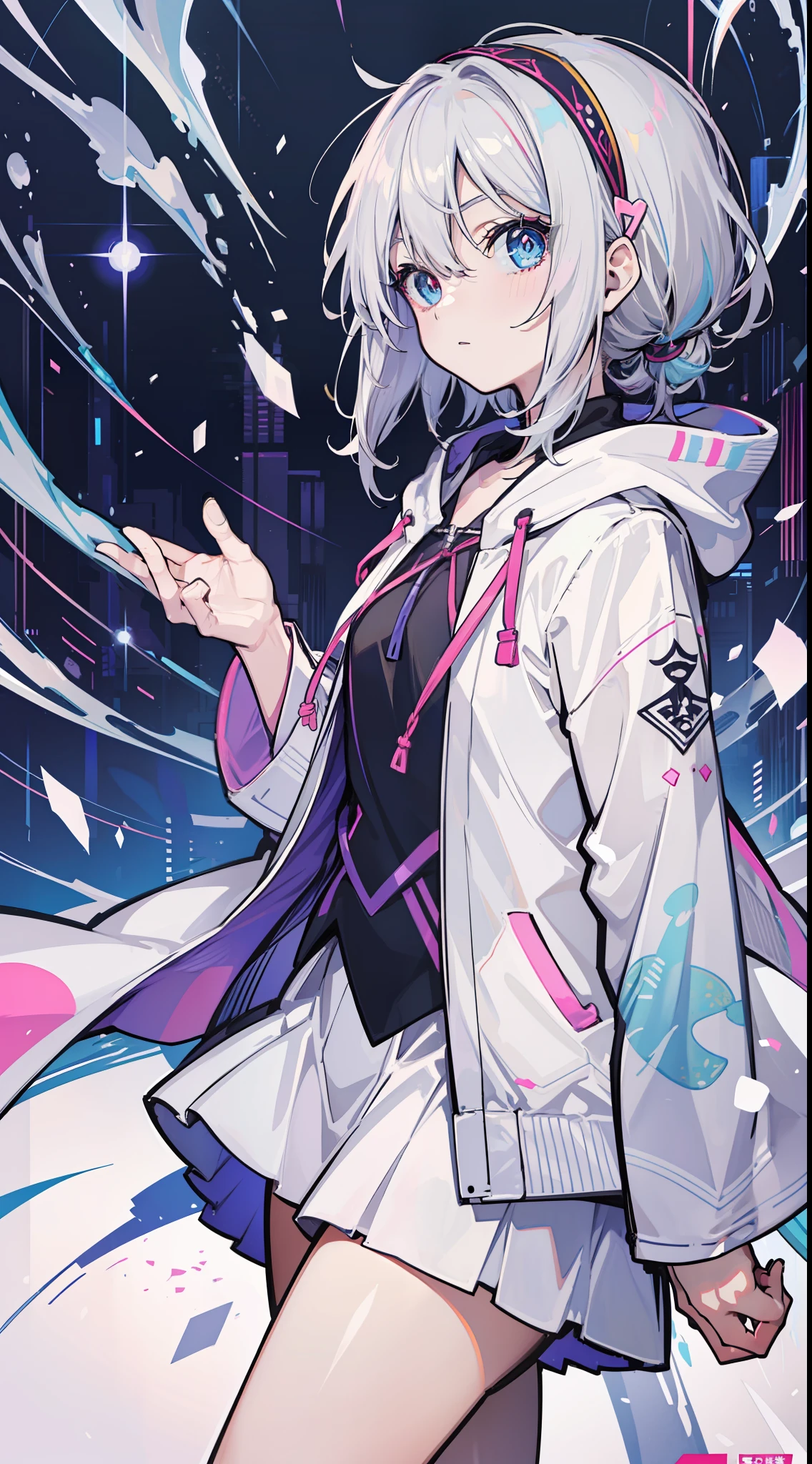 Anime characters with white hair and blue eyes, anime visual of a cute girl, Anime moe art style,Girl with short white hair, Shoujo white hair young anime girl, official character art,White hooded cape,White robe,teens girl,Gray hair sky blue gradient,red hairband,Heterochromic pupils,tilts your head,face expressionless,underage,flatchest,apathy,Short ponytail hair