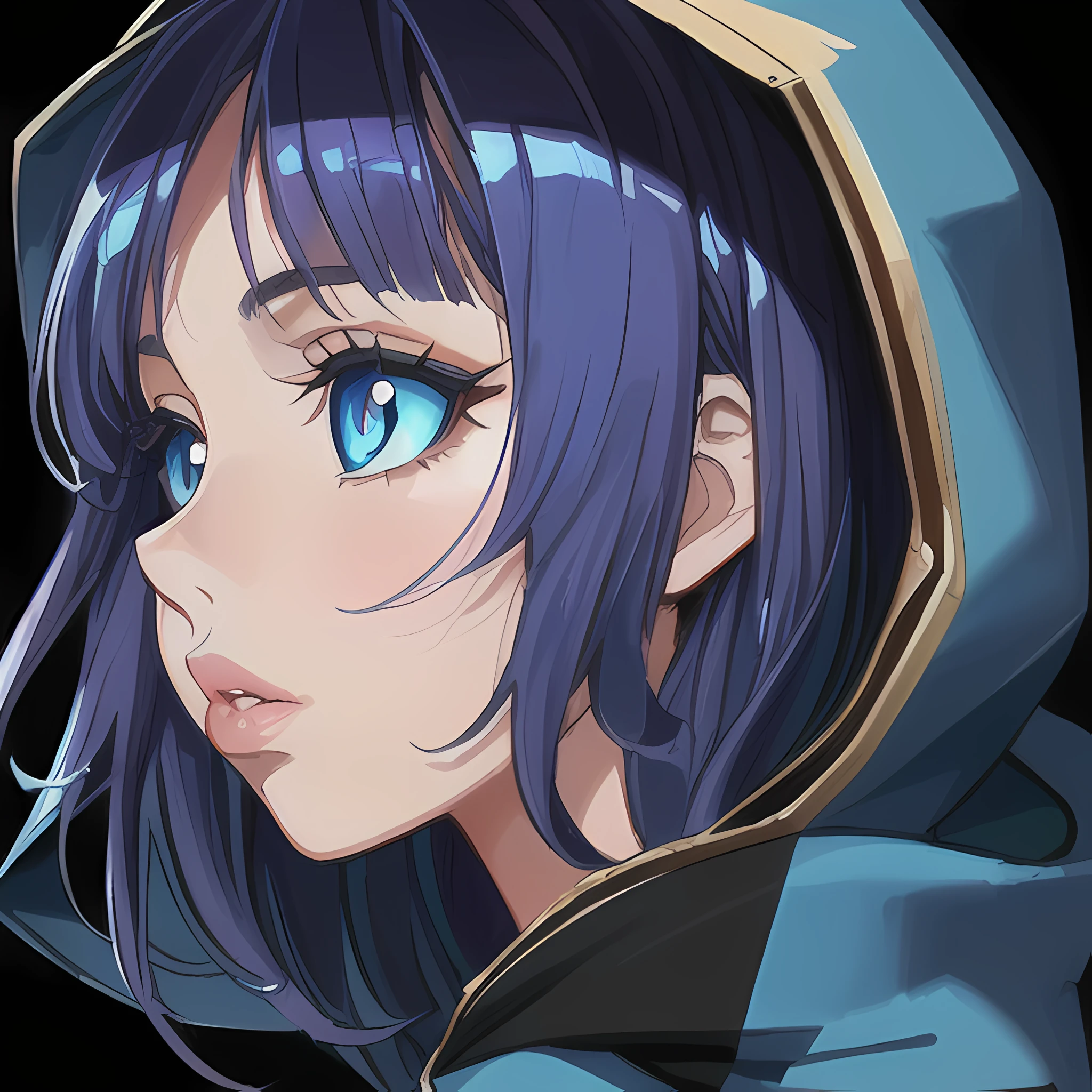 ((close up portrait of middled age woman with a hood on & with big huge giant blue eyes & tiny nose & closed wide thick mouth full lips!!!:1.5)), she is looking at the camera & her expression is solemn, colorfull anime portait, colorfull anime profile, solemn expression, mysterious portrait of a woman, inspired by Naruto anime series, myself, mysterious portrait, mysterious eerie portrait, night!!! (((masterpiece))), (((best quality))), ((ultra-detailed)), (highly detailed anime illustration), ((an extremely delicate and beautiful)),(from side),cinematic light,((1anime woman)),solo, black background, extreme detailed,colorful,highest detailed