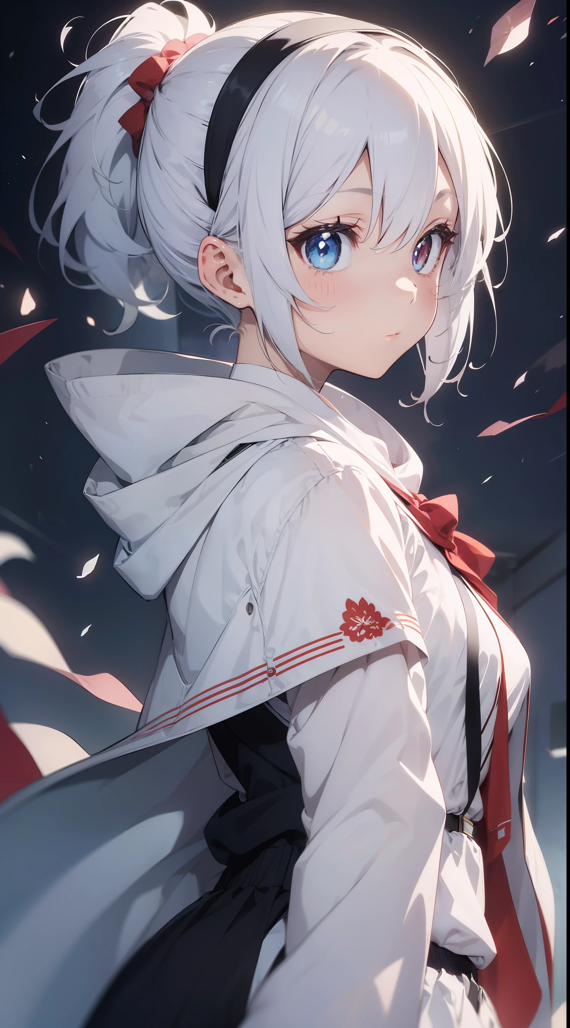 Anime characters with white hair and blue eyes, anime visual of a cute girl, Anime moe art style,Girl with short white hair, Shoujo white hair young anime girl, official character art,White hooded cape，White robe，teens girl，Gray hair sky blue gradient，red hairband，Heterochromic pupils，tilts your head，face expressionless,underage，flatchest，apathy，Short ponytail hair