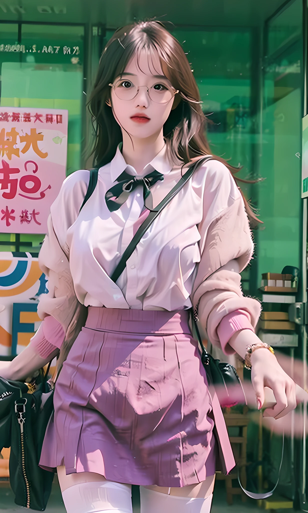 ulzang-6500-v1.1,(RAW photogr:1.2), (Photorealistic:1.4), Beautiful Meticulous Girl, Very detailed eyes and face, Beautiful detailed eyes, absurderes, unbelievable Ridiculous, hugefilesize, ultra - detailed, A high resolution, The is very detailed,best qualtiy,tmasterpiece,,illustratio,The is very detailed,CG,unified,8k 壁纸,Amazing,finely detailled,tmasterpiece,best qualtiy,greatly detailed的 CG unified 8k wallpapers,light in face,cinmatic lighting, 1girll, 16 years old,Long white hair,lateral division,(large tities),((No panties)),(wears glasses),(((dynamicposes))),(((sexyposture))),(Half-body),((White pantyhose)),(((Apricot skirt wrapped around hips))),White color blouse,eyes looking at the lens