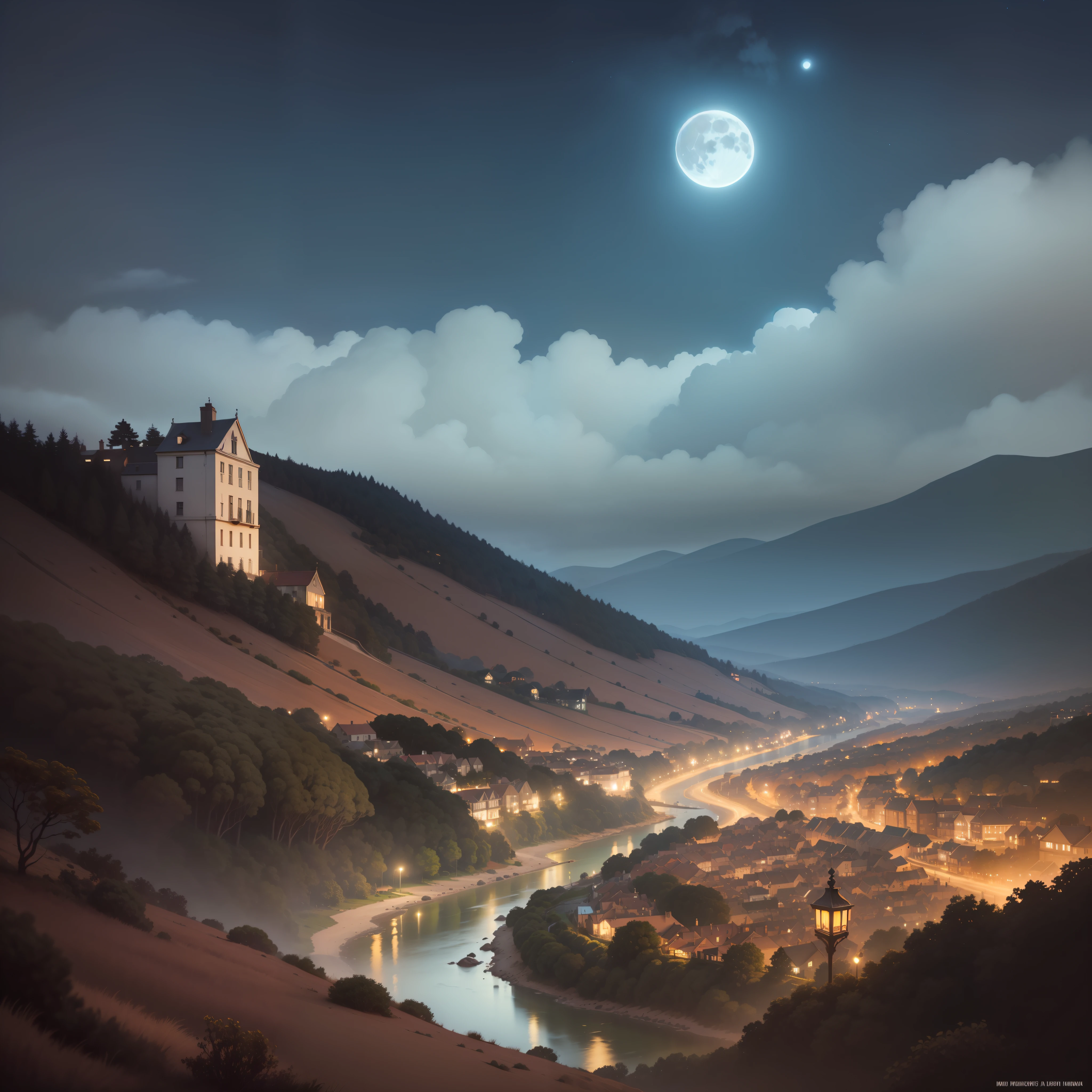 The valley by the sea reveals gloom,But the sky hangs a bright moon