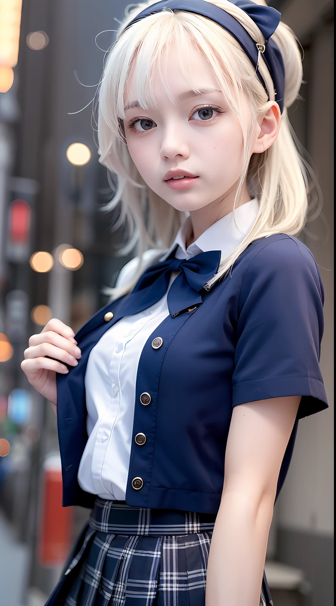 (8k, RAW photo, best quality, masterpiece:1.3),(realistic,photo-realistic:1.37),(night),(looking at viewer:1.331),(white hair),posing,Tokyo street,nightcityscape, cyberpunk city,soft light,1girl,extremely beautiful face,bust,put down hands,Random hairstyle,Random expression,big eyes, ,lower abdomen,(short-sleeved
JK_shirt),JK_style,(dark blue JK_skirt) ,(bow JK_tie),mix4