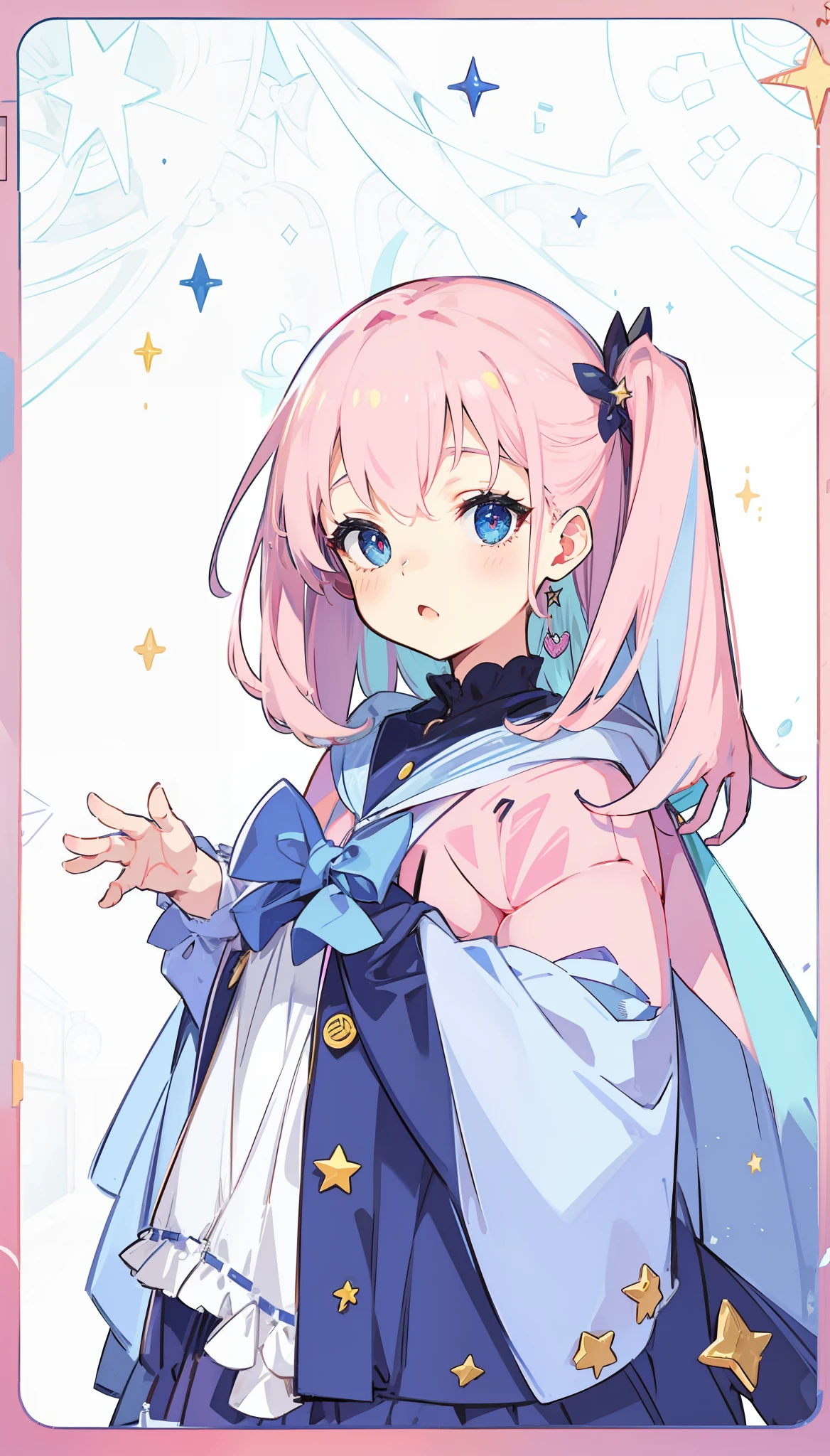 In the background is a candy house，Girls are star-eyed，She has a monogonal ponytail