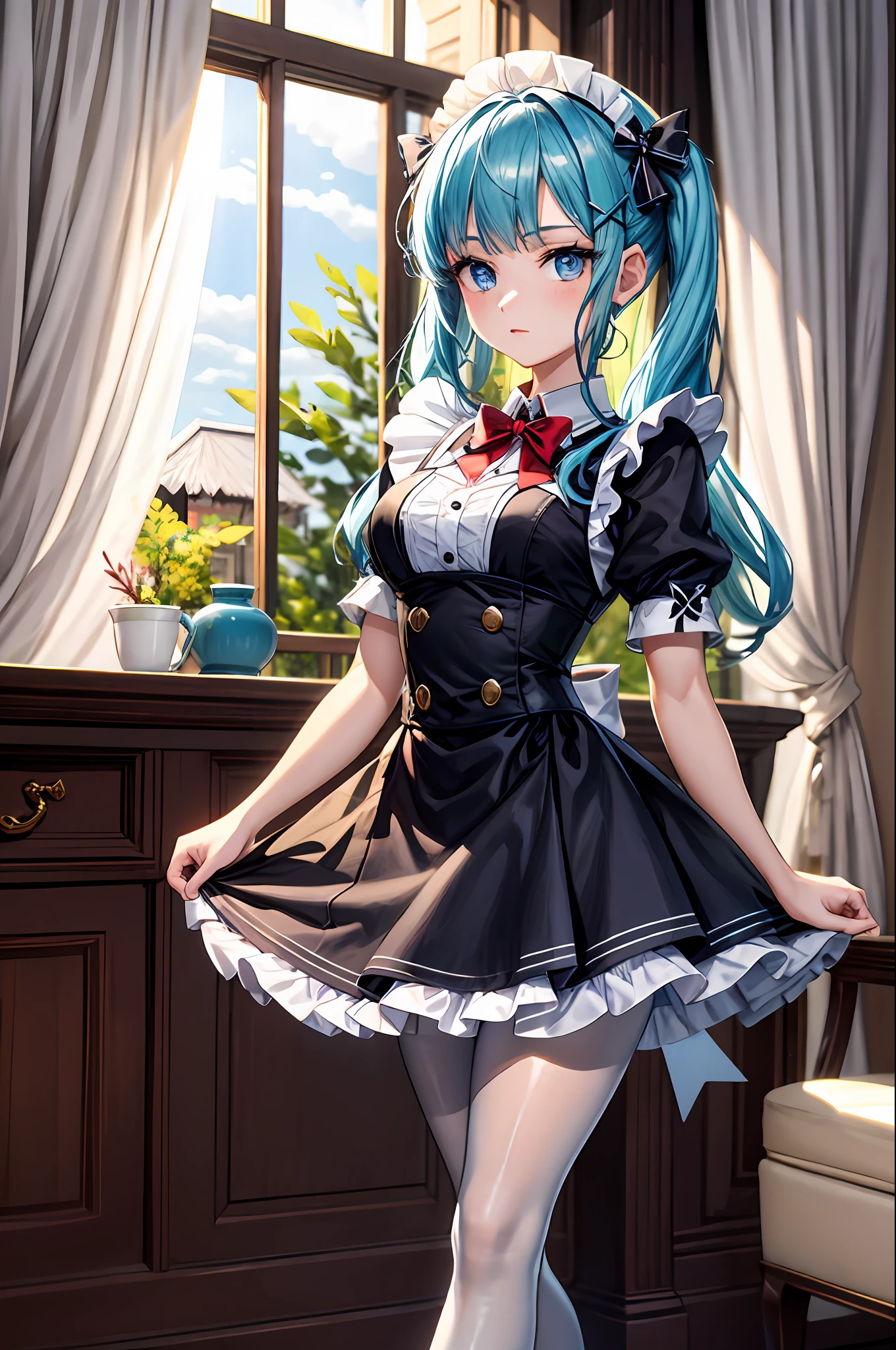 （tmasterpiece：2.0，best qualtiy），（Fine beautiful eyes：2.0），ph_REM，Remhd，1girll，Blue hair，独奏，eBlue eyes，x hair accessories，legs ornaments，Bow knot，Long thick socks，lacepantyhose，Lolita heels，Lolita shoes，Rossvale Mansion maid uniform，full bodyesbian，Two hands，Two legs，Photo art，maidennurse，Skysky，the ocean，rays of sunshine，the trees，wave，