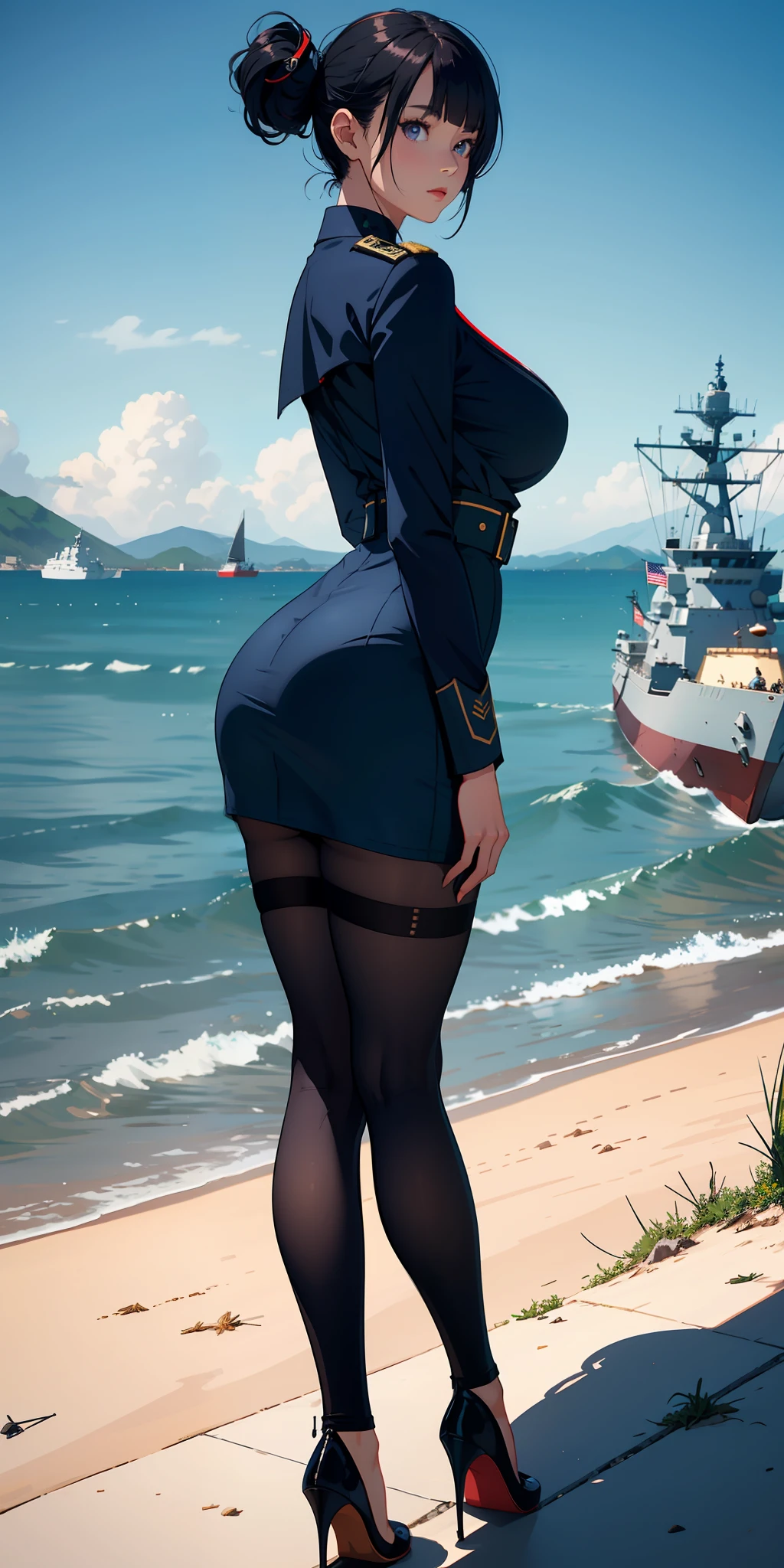 1个Giant Breast Girl,Gorgeous Hair in Long Purple,Qi bangs,Delicate and beautiful face,crisp breasts,Convex buttocks,Dressed in a dark blue military uniform,Black tight-fitting top,dark blue short dress,black lence stockings,Dark blue sleeves,Dark blue high heels,beachside,Bald Eagle,Naval warships,American flag,perfectly proportioned, Cinematic lighting, filmgrain, Fuji colors, lightand shade contrast, 8K, 巨作, Textured skin, Super detail, high detal, High quality, A high resolution,