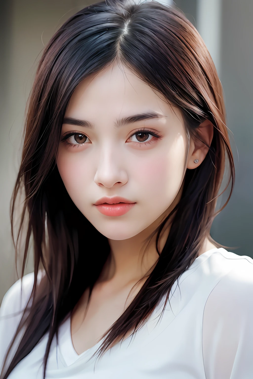 dressed, (photo realistic:1.4), (hyper realistic:1.4), (realistic:1.3),
(smoother lighting:1.05), (increase cinematic lighting quality:0.9), 32K,
1girl,20yo girl, realistic lighting, backlighting, light on face, ray trace, (brightening light:1.2), (Increase quality:1.4),
(best quality real texture skin:1.4), finely detailed eyes, finely detailed face, finely quality eyes,
(tired and sleepy and satisfied:0.0), face closeup, t-shirts,
(Increase body line mood:1.1), (Increase skin texture beauty:1.1)