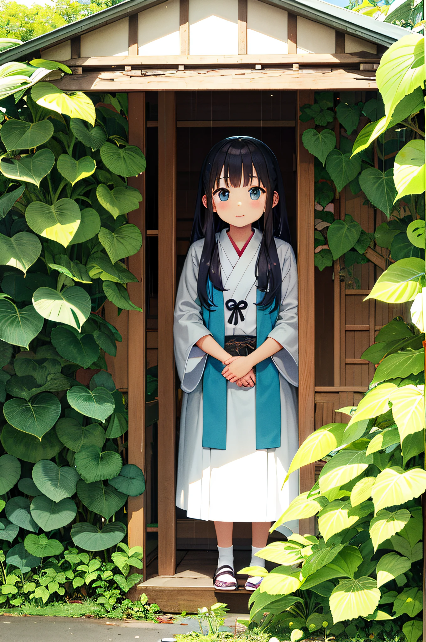 Girl taking refuge in the rain under butterbur leaves、Ainu national costume