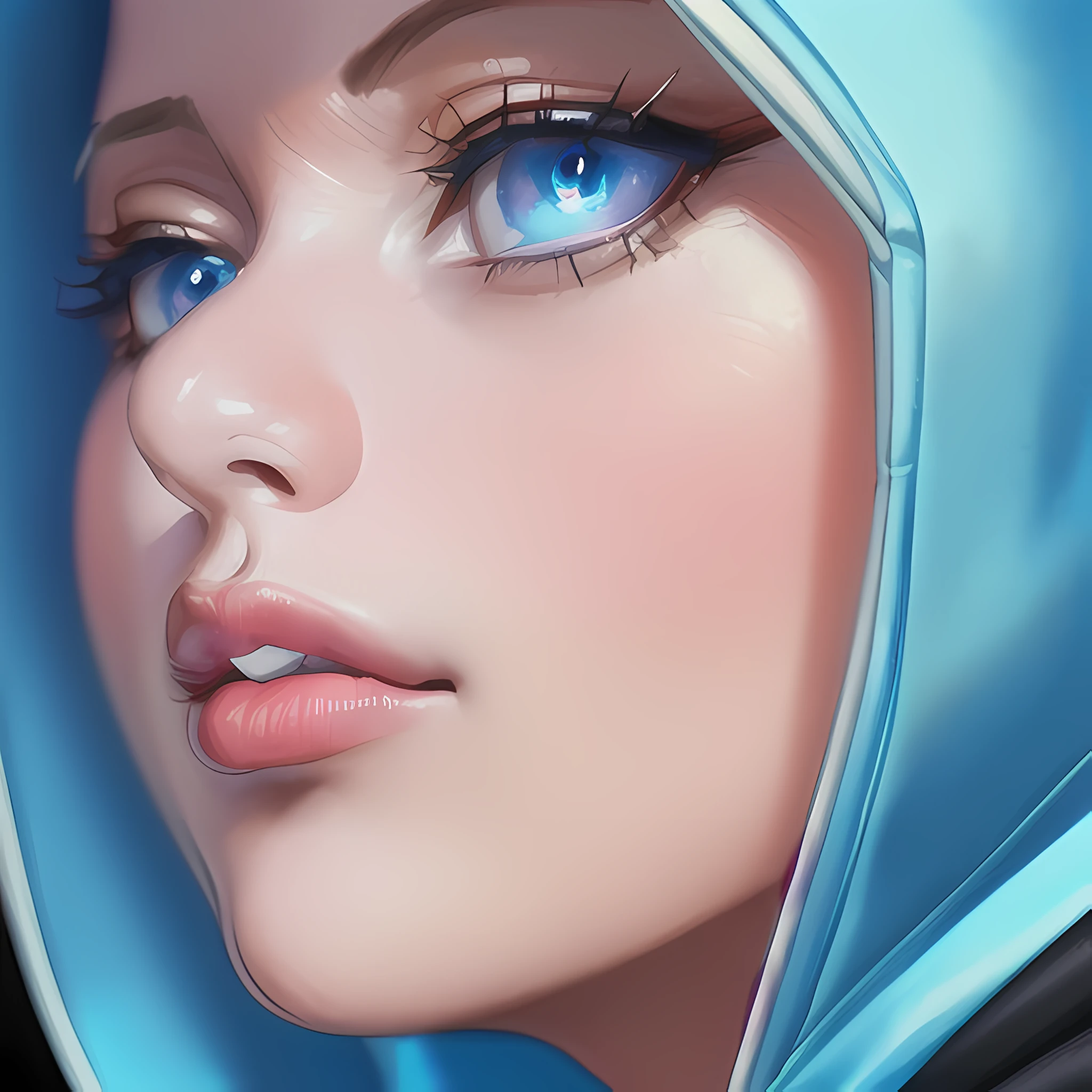 ((close up portrait of middled age woman with a hood on & with big huge giant blue eyes & tiny nose & closed wide thick mouth full lips!!!:1.5)), she is looking at the camera & her expression is solemn, colorfull anime portait, colorfull anime profile, solemn expression, mysterious portrait of a woman, inspired by Naruto anime series, myself, mysterious portrait, mysterious eerie portrait, night!!! (((masterpiece))), (((best quality))), ((ultra-detailed)), (highly detailed anime illustration), ((an extremely delicate and beautiful)),(from side),cinematic light,((1anime woman)),solo, black background, extreme detailed,colorful,highest detailed