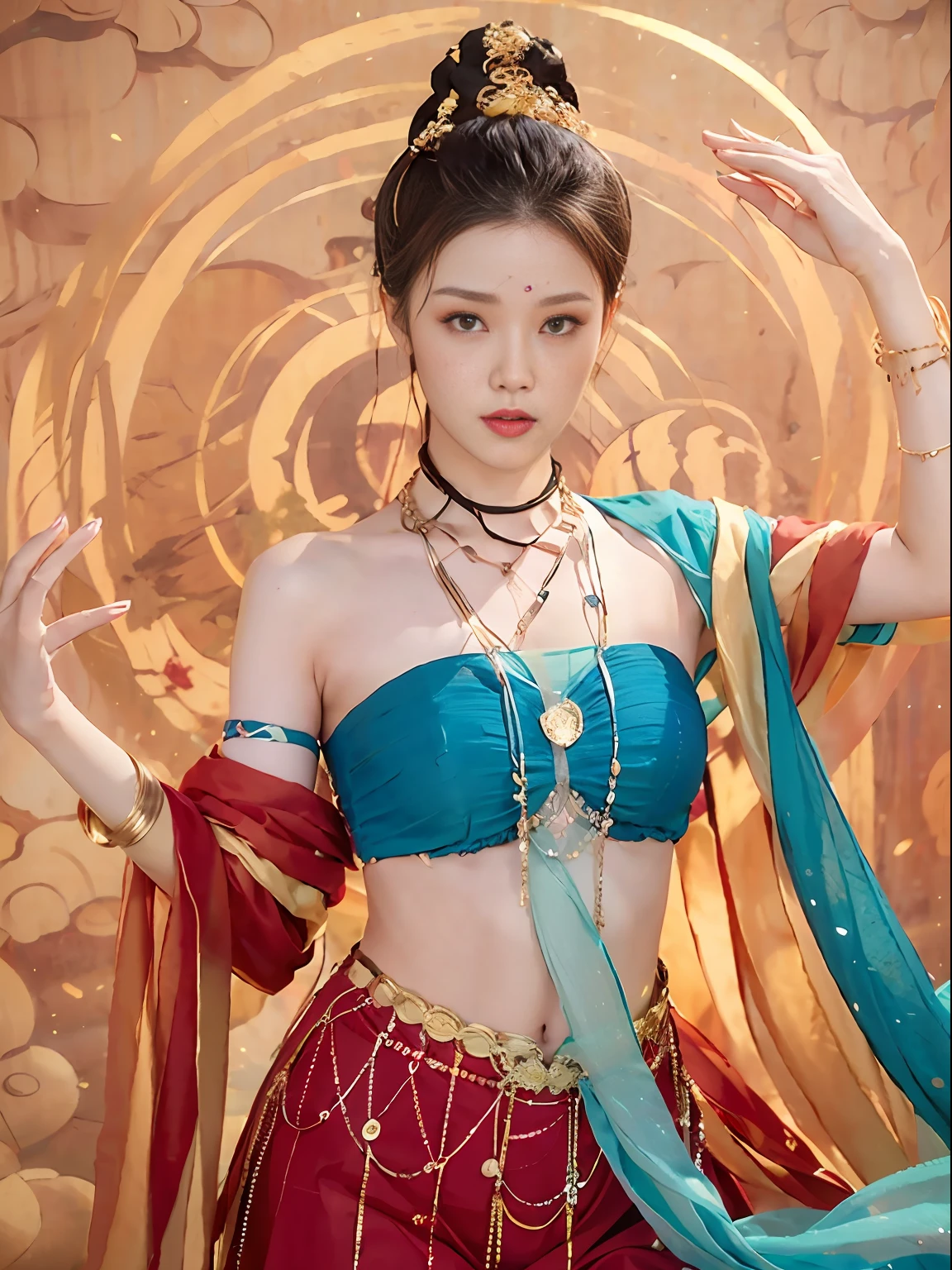 (8k, RAW photo, best quality, tmasterpiece:1.2), (realistic, photo-realistic:1.4), (Extremely detailed CG unity 8k), (1 girl:1.5),Beauty of the Western Regions,(Red and blue clothes:1.4),There are red spots on the forehead,Pale skin,Blushlush,largeeyes,full bodyesbian,upper legs,Gold-tone waist chain,golden ornaments,Flying ribbons,Particle,The background is the ancient city of Loulan, Ancient city walls,A desert,high definition detail,dance, dunhuang_dress, dunhuang_style,