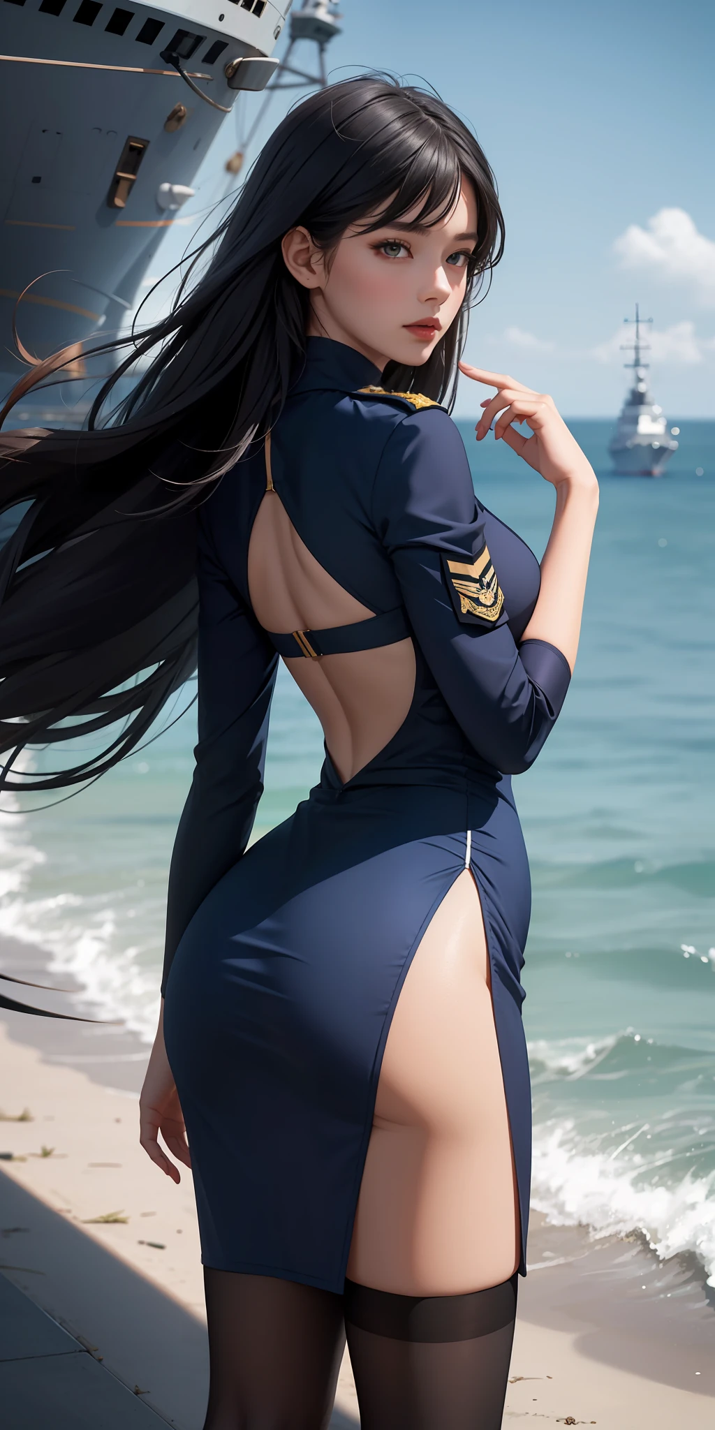 1个Giant Breast Girl,Gorgeous Hair in Long Purple,Qi bangs,Delicate and beautiful face,crisp breasts,Convex buttocks,Dressed in a dark blue military uniform,Black tight-fitting top,dark blue short dress,black lence stockings,Dark blue sleeves,Dark blue high heels,beachside,Bald Eagle,Naval warships,American flag,perfectly proportioned, Cinematic lighting, filmgrain, Fuji colors, lightand shade contrast, 8K, 巨作, Textured skin, Super detail, high detal, High quality, A high resolution,