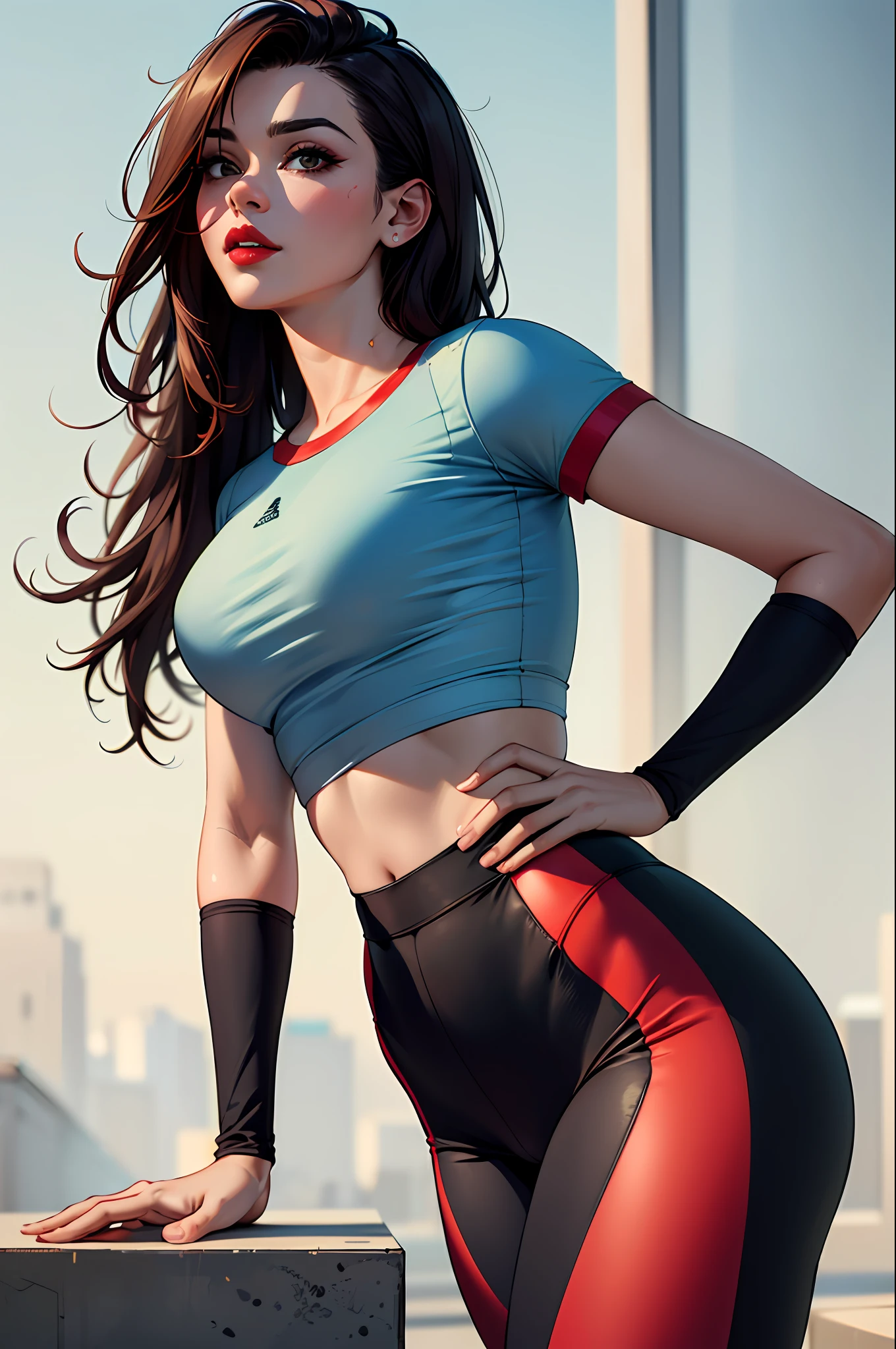 (masterpiece:1.4)、(top-quality:1.4)、
1girl in,Tight t-shirt and colorful sports leggings、Arm sleeve,length hair, looking at the viewers, 独奏 ,realisitic,(shinny skin),(masterpiece:1.4),(top-quality:1.4),red-lips