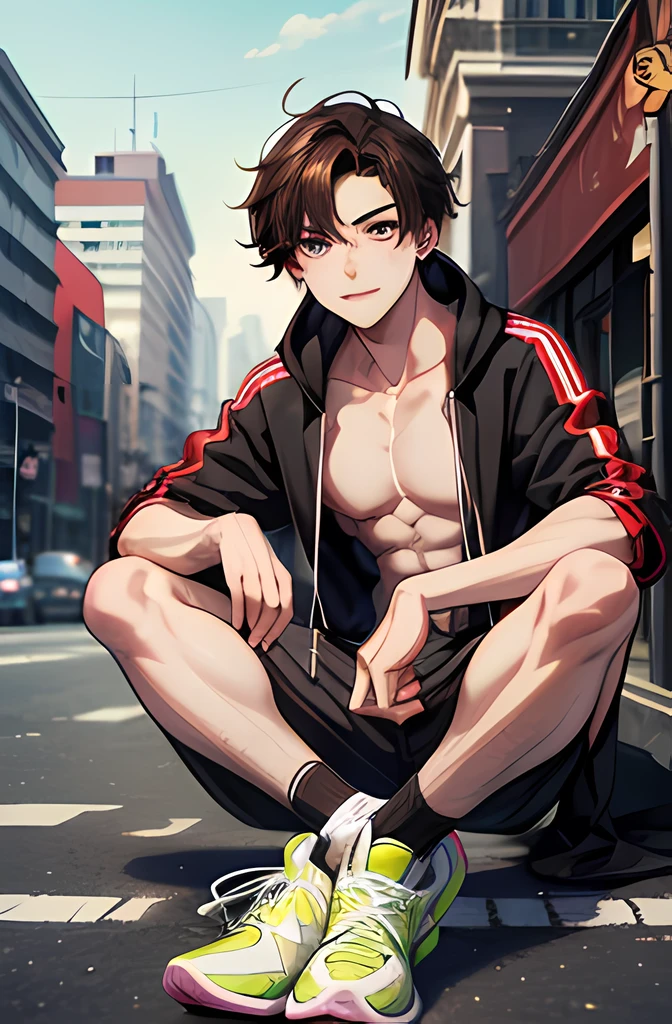 (absurderes,A high resolution,ultra - detailed,HDR),tmasterpiece,best qualtiy,1boy,独奏,handsome,dark brown hair,Fine eyes and detailed face,forehead,((Abs)),(shorter pants)),athletic sneakers,(Pale and white skin),looki at viewer,Ear stitching,,ssmile,sitting on a bench,Park in the background,full-body view