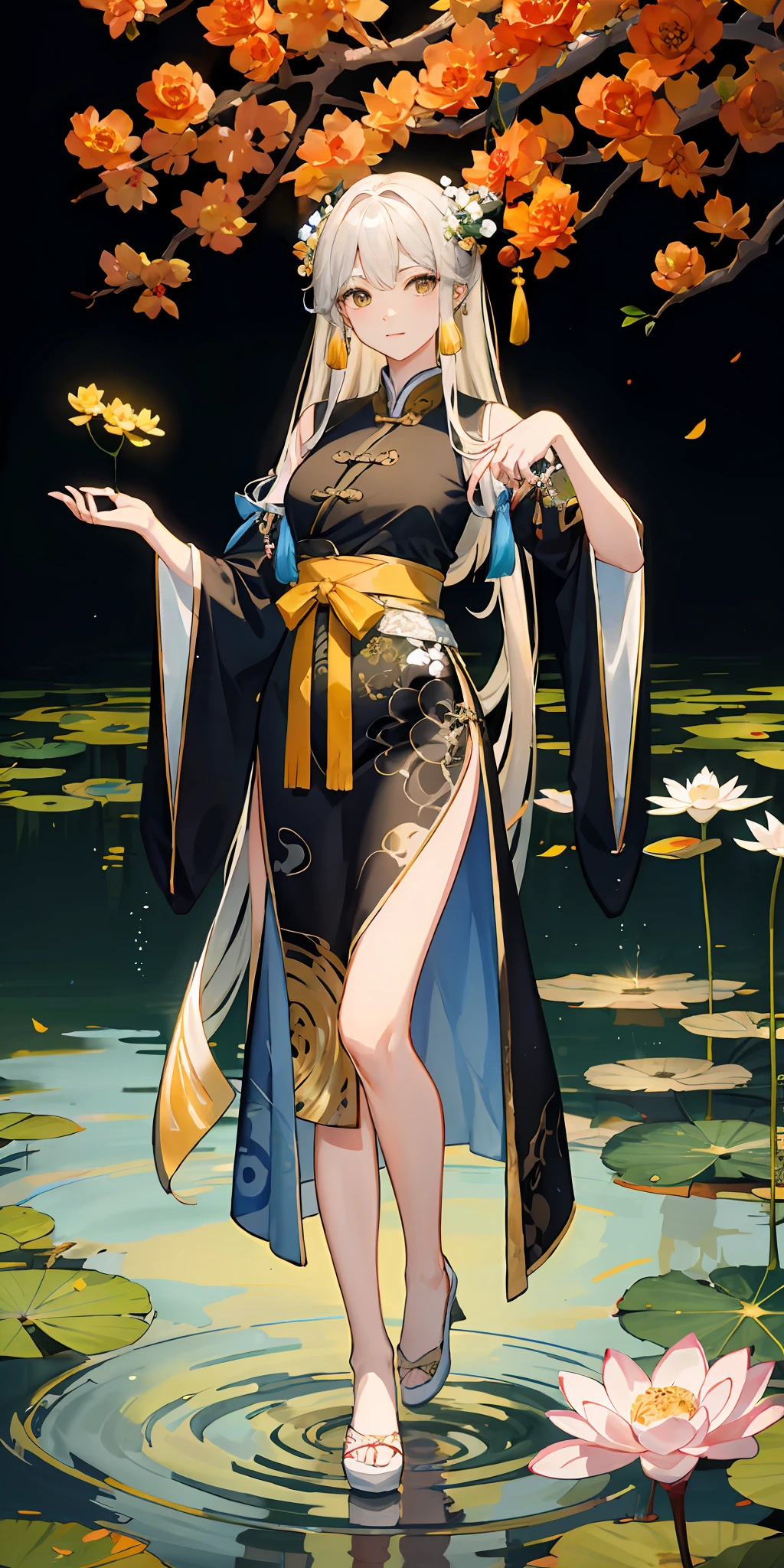 ponds,lotuses,Holding a yellow flower in his hand,Hanfu,Traditional chinese painting