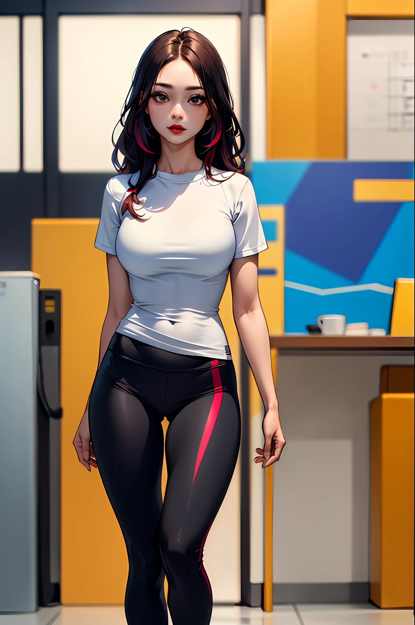 (masterpiece:1.4)、(top-quality:1.4)、
1girl in,Tight t-shirt and colorful sports leggings、Arm sleeve,length hair, looking at the viewers, 独奏 ,realisitic,(shinny skin),(masterpiece:1.4),(top-quality:1.4),red-lips