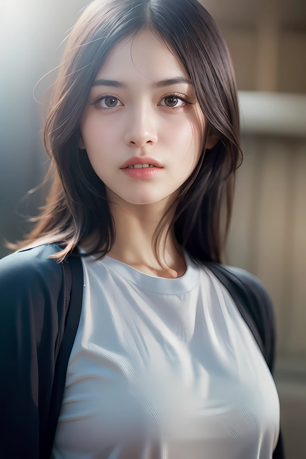 dressed, (photo realistic:1.4), (hyper realistic:1.4), (realistic:1.3),
(smoother lighting:1.05), (increase cinematic lighting quality:0.9), 32K,
1girl,20yo girl, realistic lighting, backlighting, light on face, ray trace, (brightening light:1.2), (Increase quality:1.4),
(best quality real texture skin:1.4), finely detailed eyes, finely detailed face, finely quality eyes,
(tired and sleepy and satisfied:0.0), face closeup, t-shirts,
(Increase body line mood:1.1), (Increase skin texture beauty:1.1)